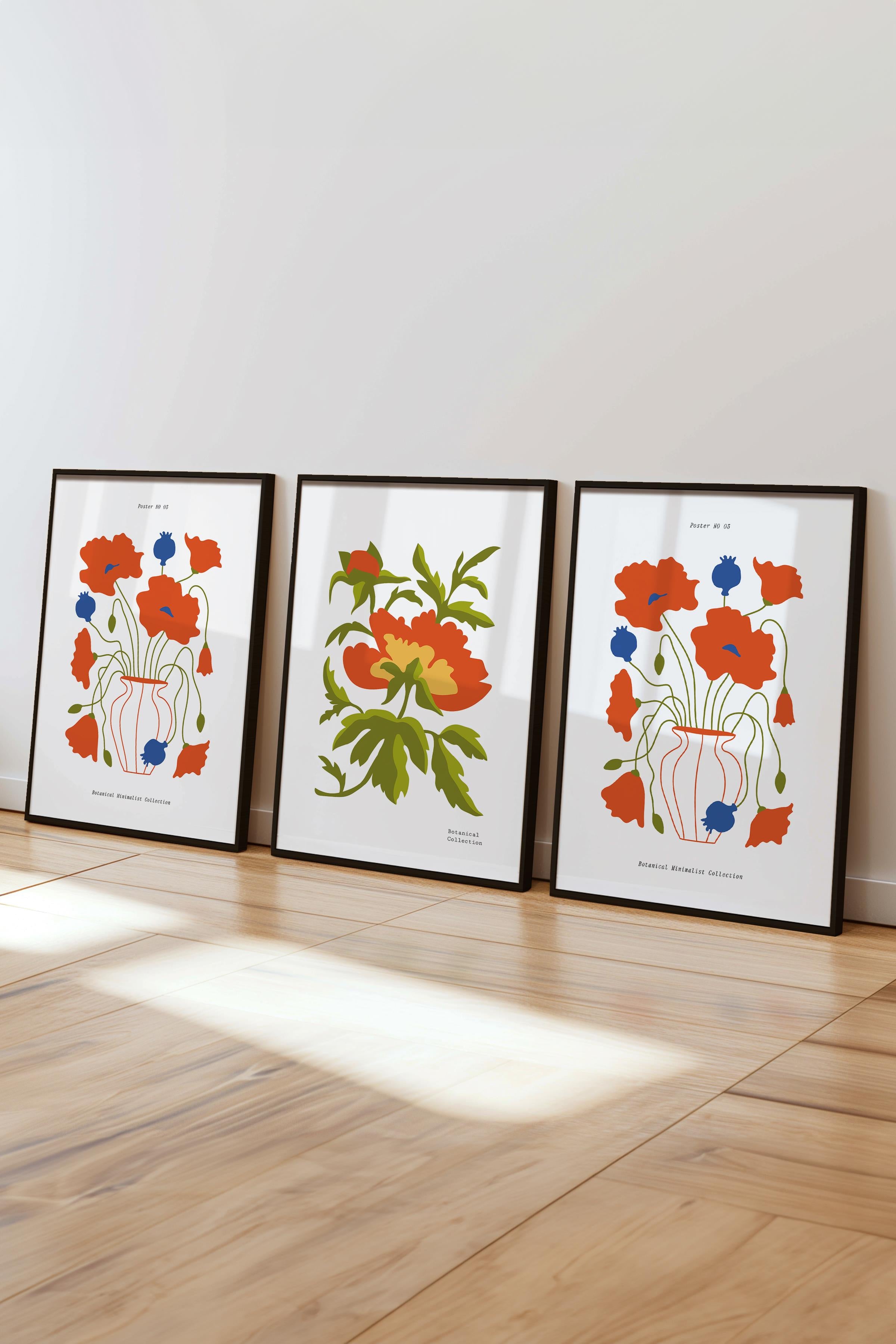 Çerçeveli Tablo Seti, 3 Adet Siyah Çerçeve ve Minimalist Boho Temalı Poster Seti, No:300512