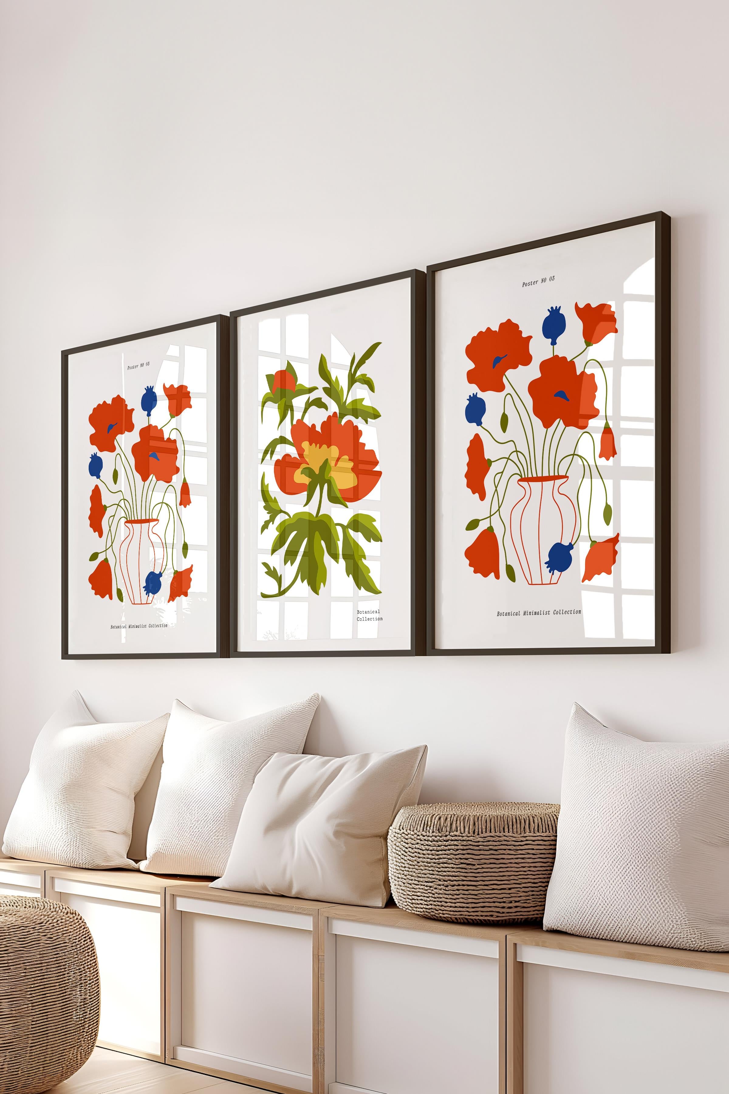 Çerçeveli Tablo Seti, 3 Adet Siyah Çerçeve ve Minimalist Boho Temalı Poster Seti, No:300512