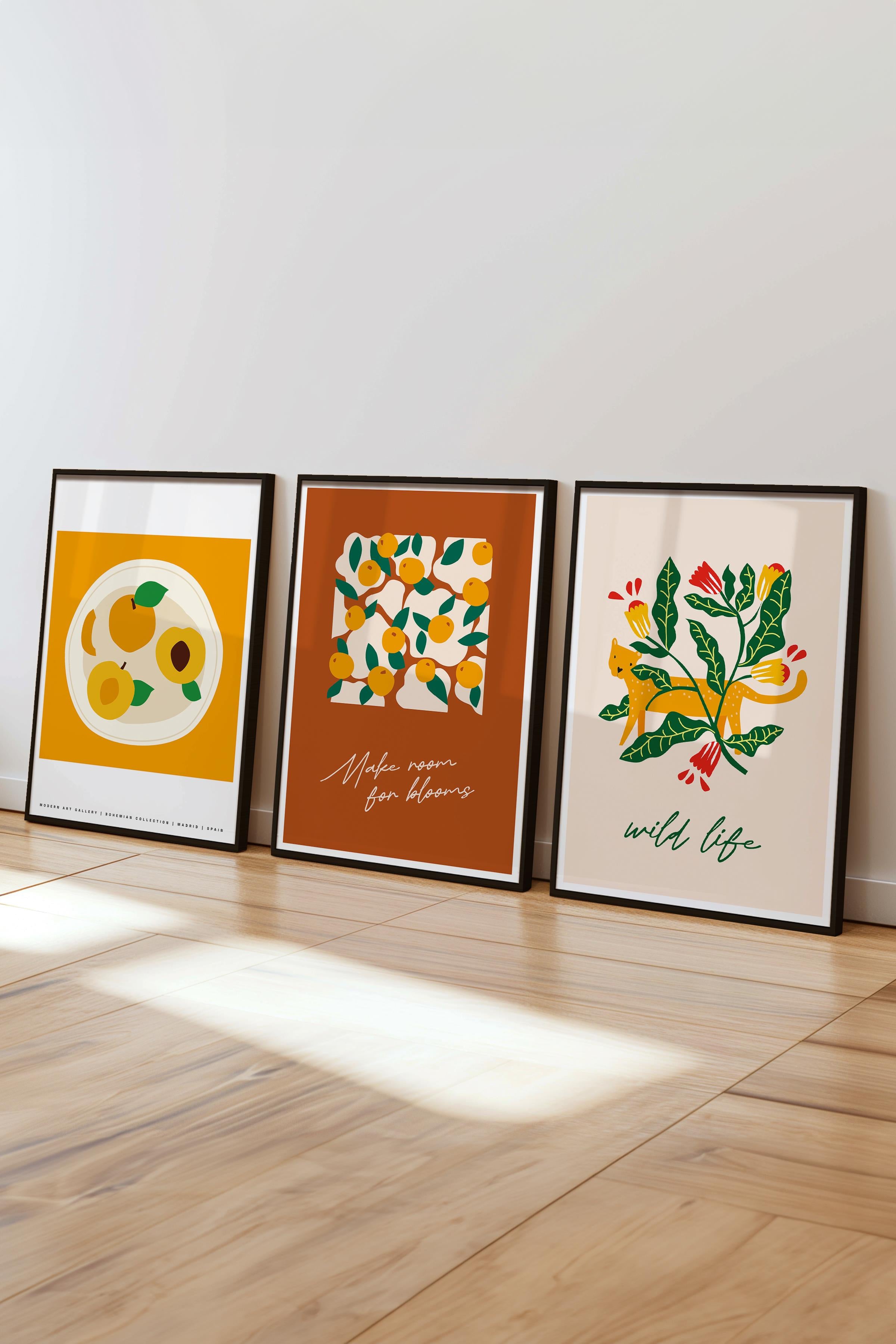 Çerçeveli Tablo Seti, 3 Adet Siyah Çerçeve ve Minimalist Boho Temalı Poster Seti, No:300514
