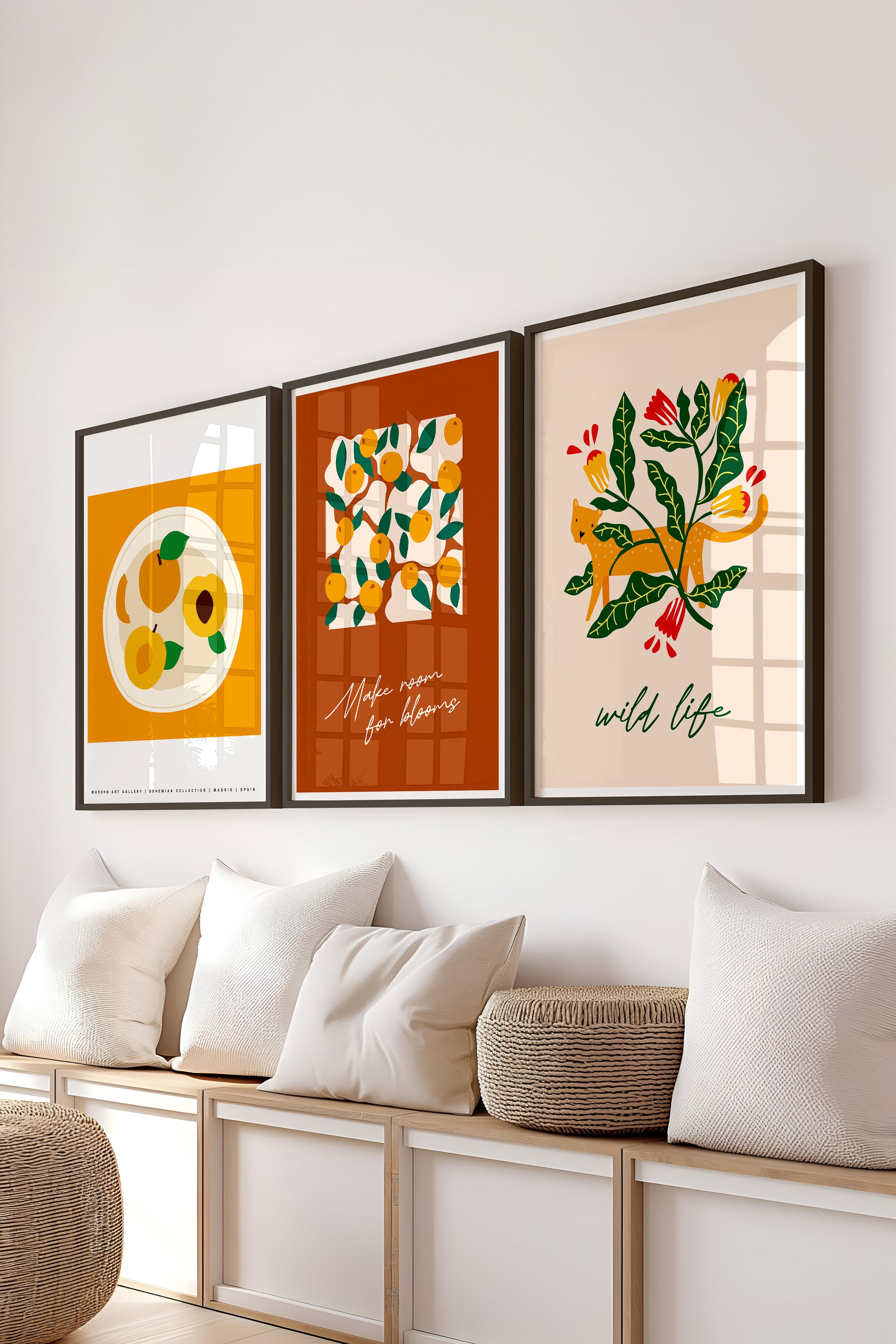 Çerçeveli Tablo Seti, 3 Adet Siyah Çerçeve ve Minimalist Boho Temalı Poster Seti, No:300514