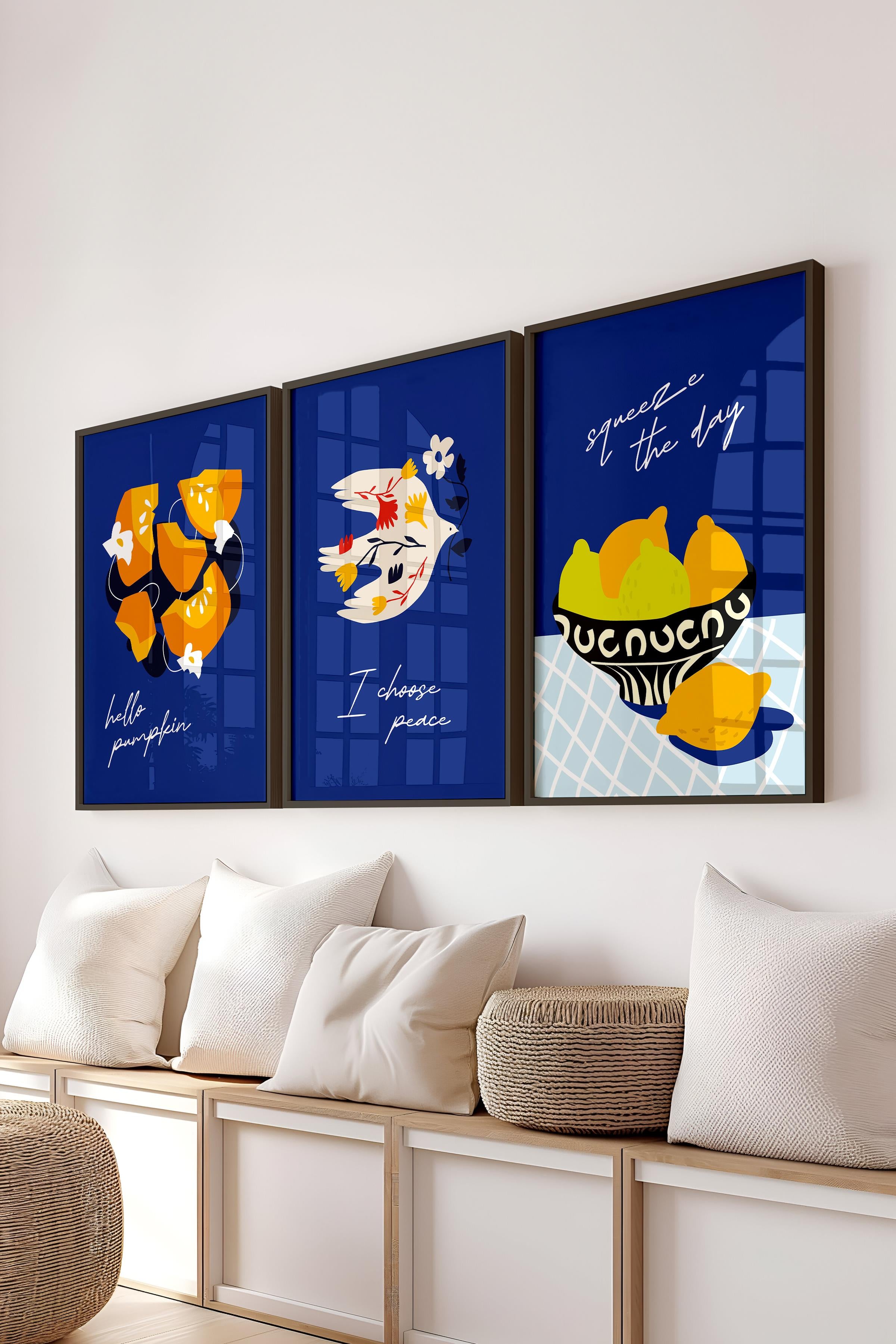 Çerçeveli Tablo Seti, 3 Adet Siyah Çerçeve ve Minimalist Boho Temalı Poster Seti, No:300515