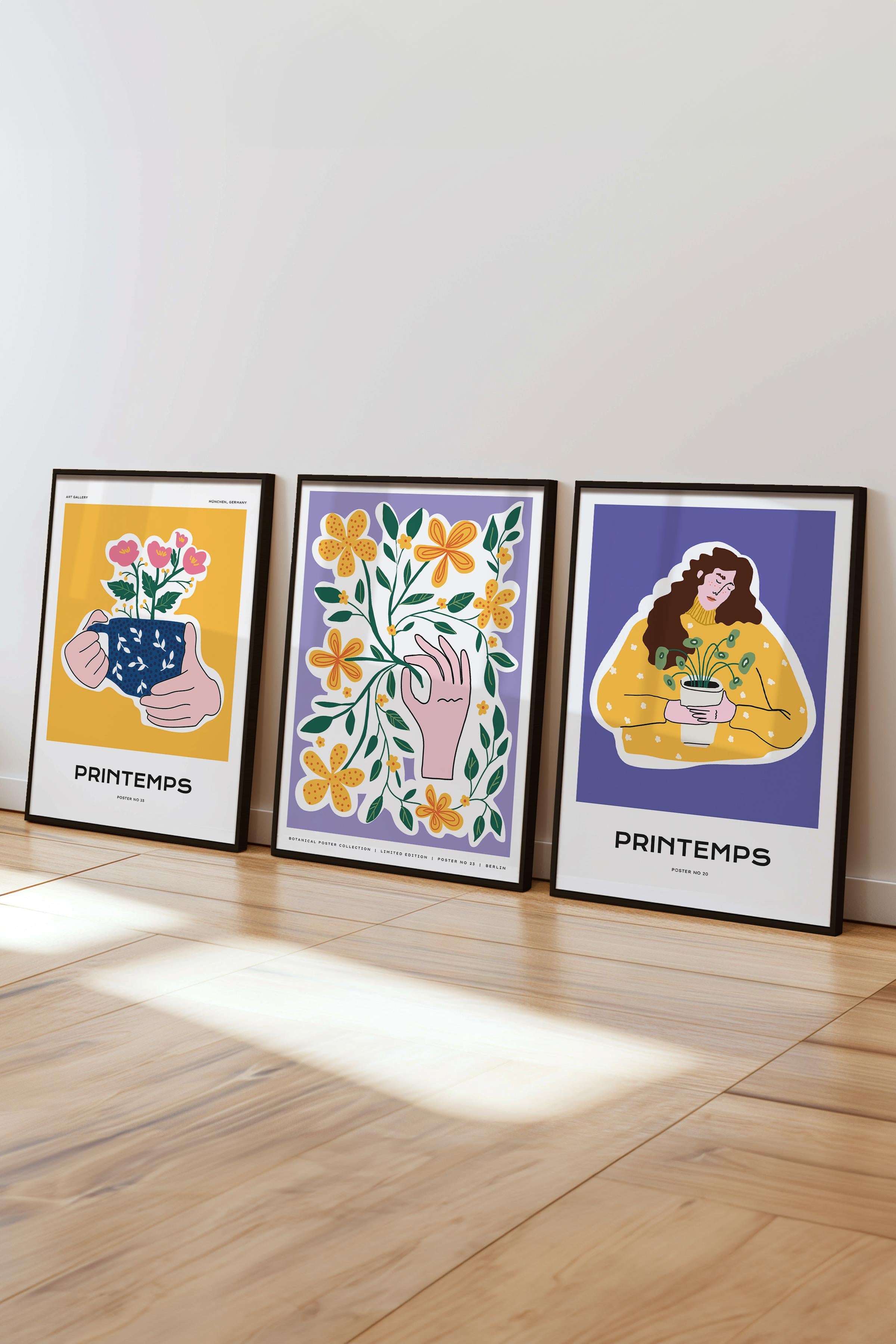 Çerçeveli Tablo Seti, 3 Adet Siyah Çerçeve ve Minimalist Boho Temalı Poster Seti, No:300516