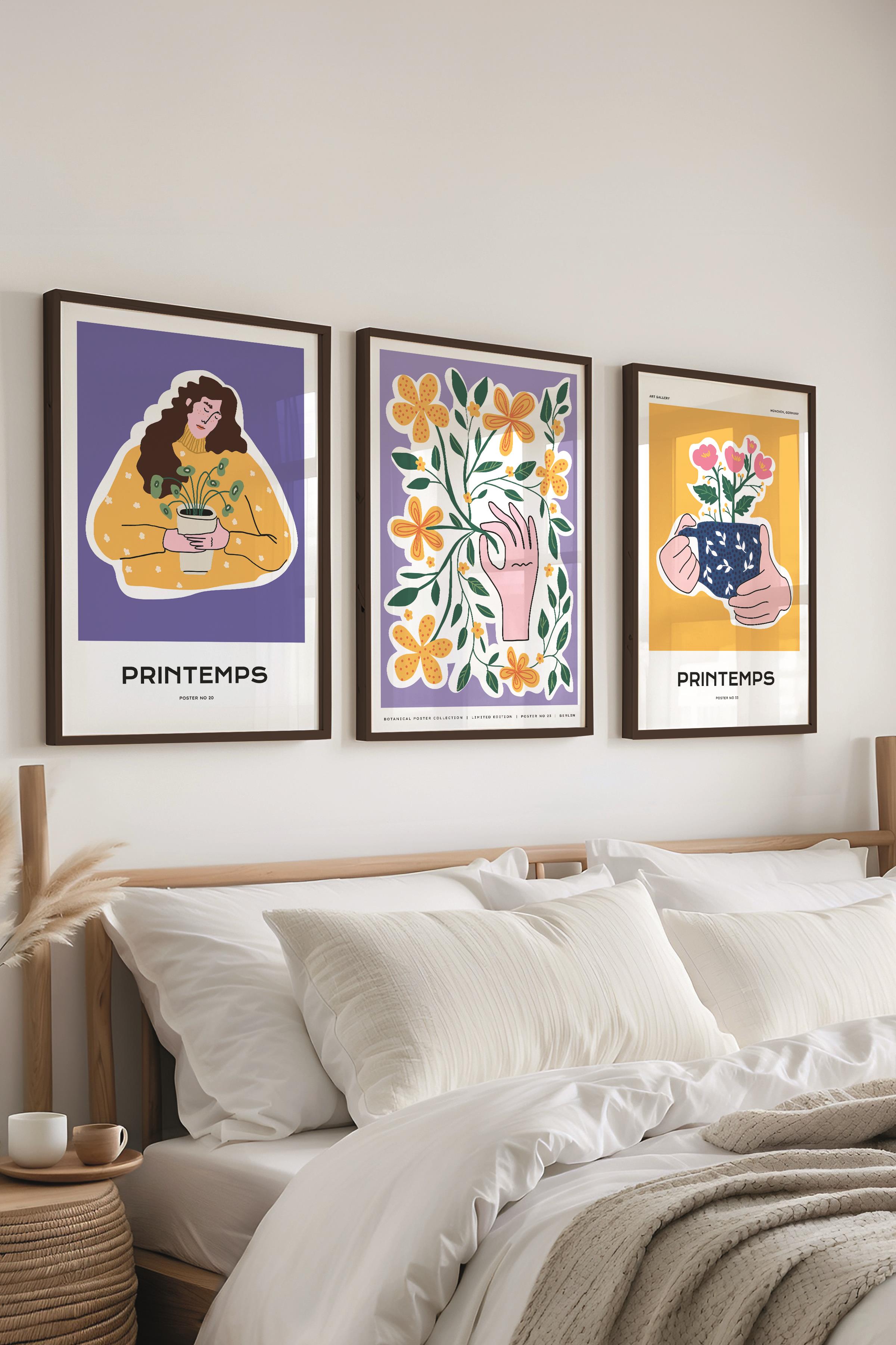 Çerçeveli Tablo Seti, 3 Adet Siyah Çerçeve ve Minimalist Boho Temalı Poster Seti, No:300516