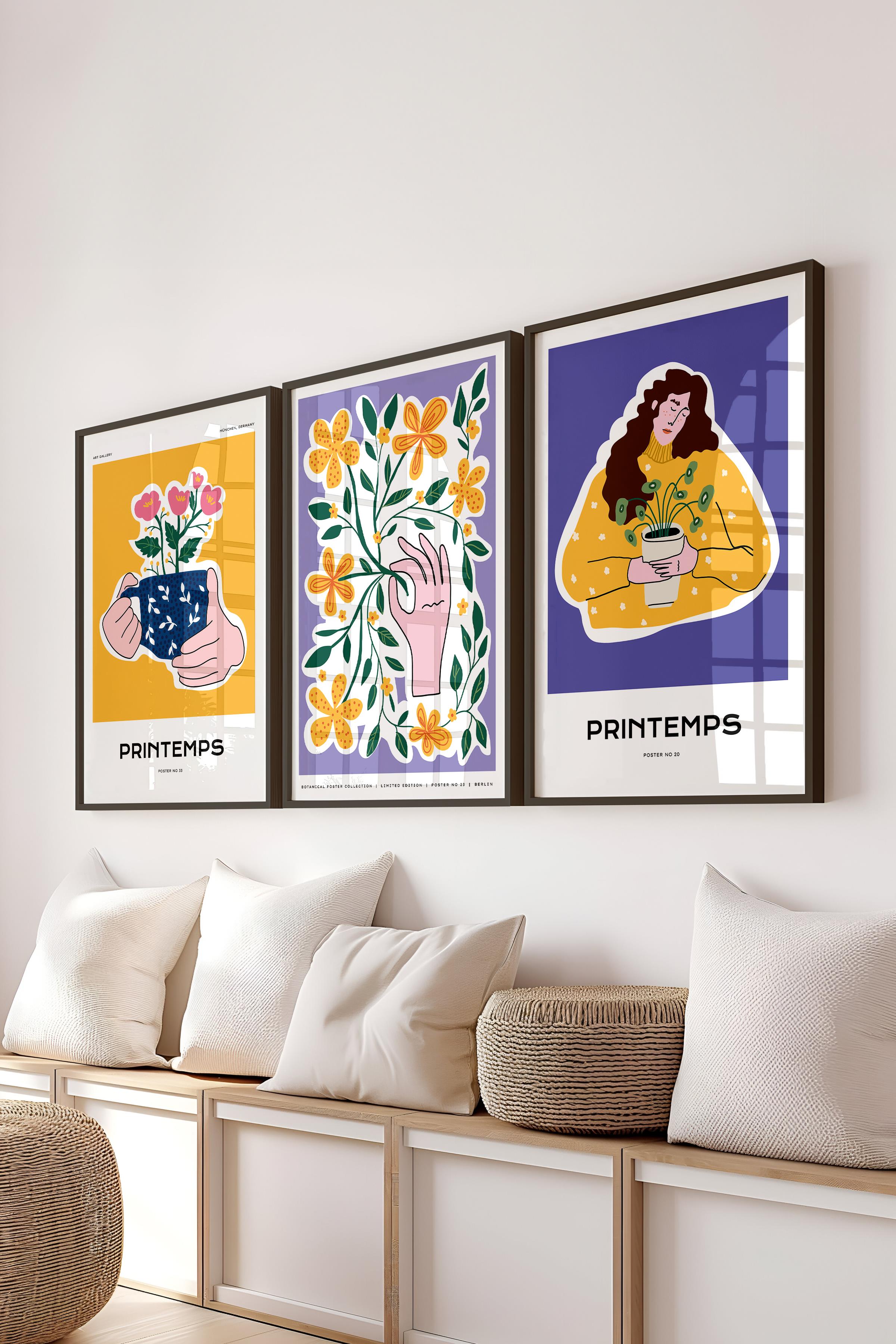 Çerçeveli Tablo Seti, 3 Adet Siyah Çerçeve ve Minimalist Boho Temalı Poster Seti, No:300516