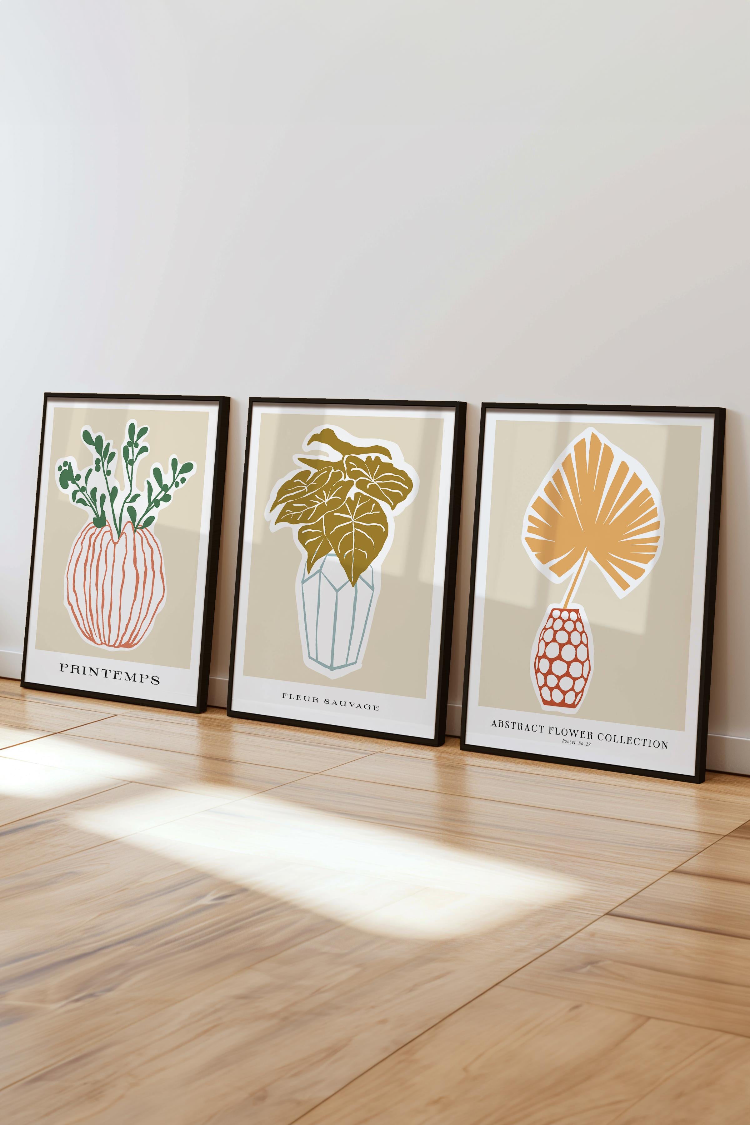 Çerçeveli Tablo Seti, 3 Adet Siyah Çerçeve ve Minimalist Botanik Temalı Poster Seti, No:300468