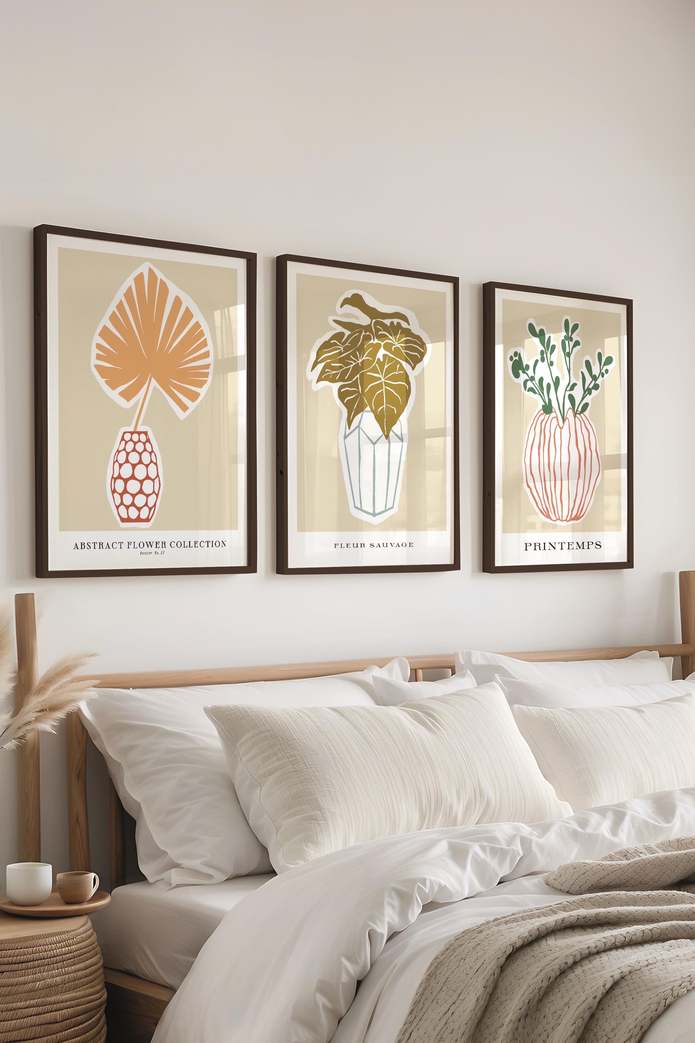 Çerçeveli Tablo Seti, 3 Adet Siyah Çerçeve ve Minimalist Botanik Temalı Poster Seti, No:300468