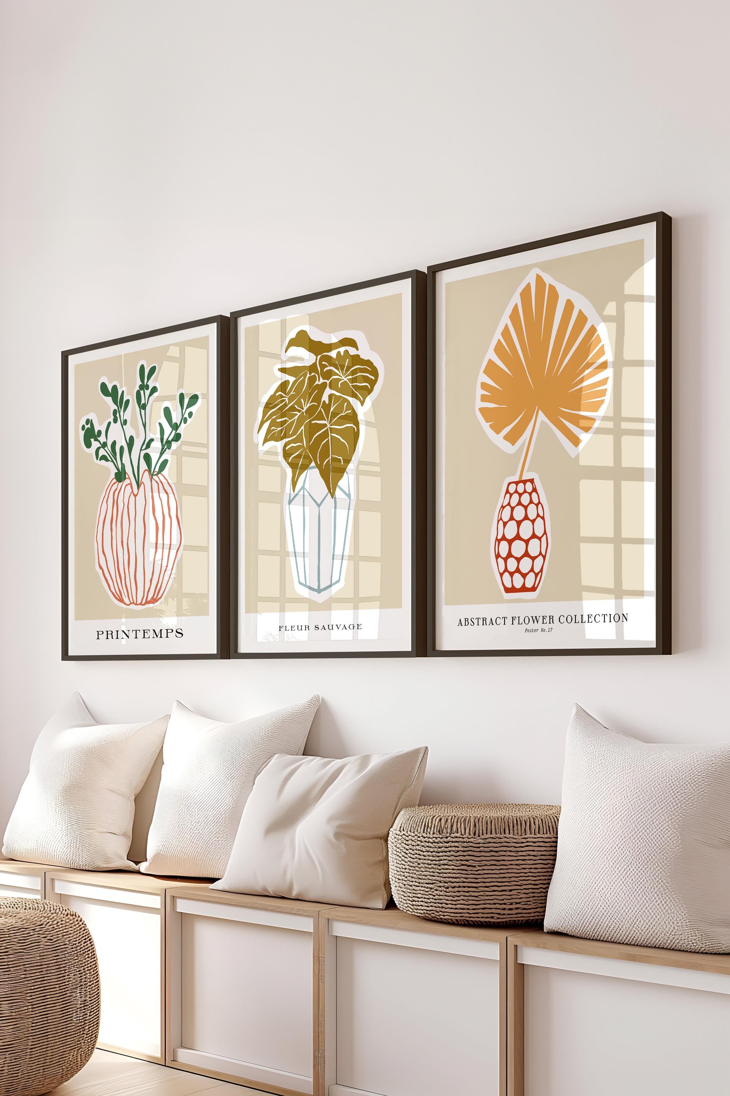 Çerçeveli Tablo Seti, 3 Adet Siyah Çerçeve ve Minimalist Botanik Temalı Poster Seti, No:300468