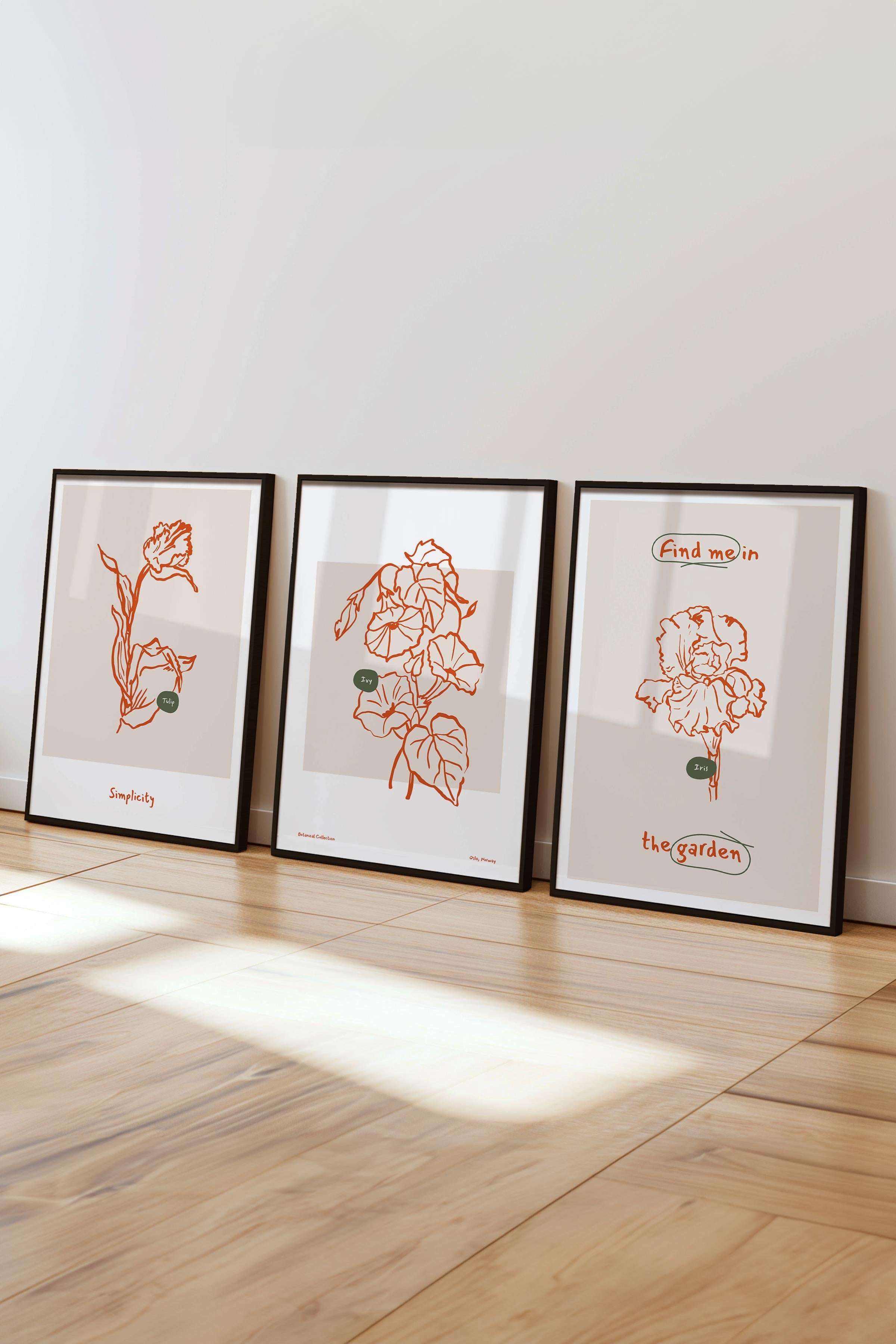 Çerçeveli Tablo Seti, 3 Adet Siyah Çerçeve ve Minimalist Botanik Temalı Poster Seti, No:300469