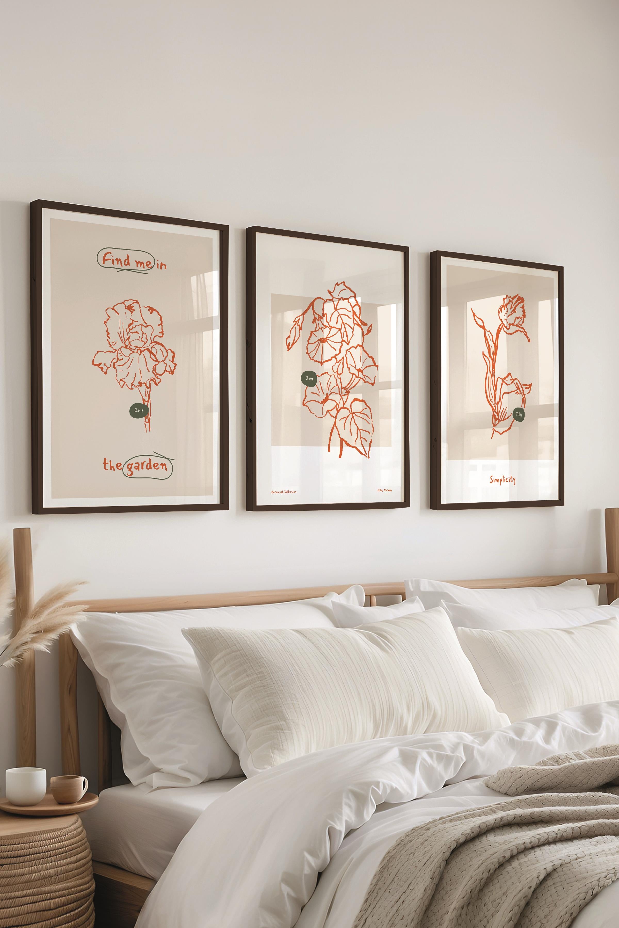 Çerçeveli Tablo Seti, 3 Adet Siyah Çerçeve ve Minimalist Botanik Temalı Poster Seti, No:300469