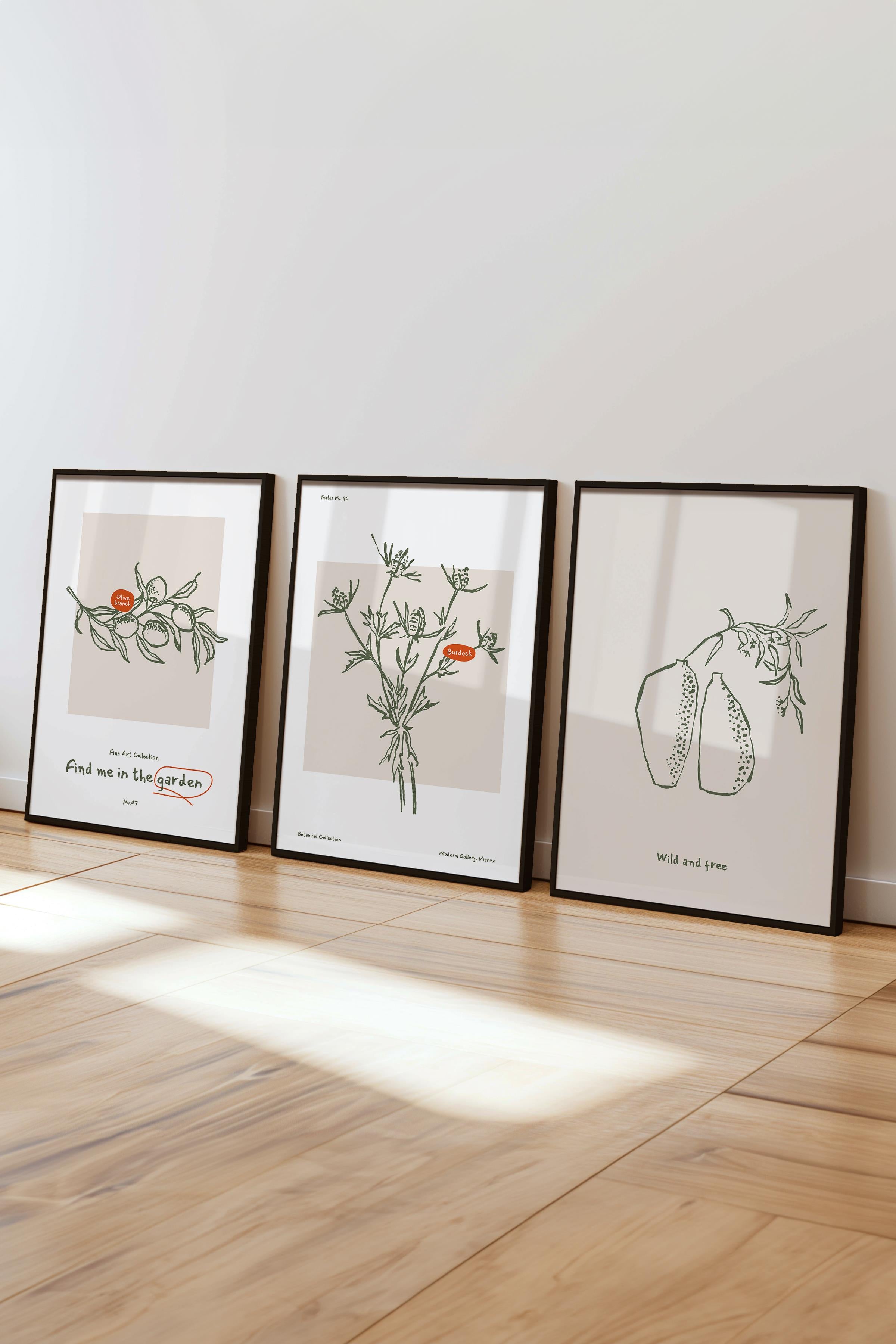 Çerçeveli Tablo Seti, 3 Adet Siyah Çerçeve ve Minimalist Botanik Temalı Poster Seti, No:300470