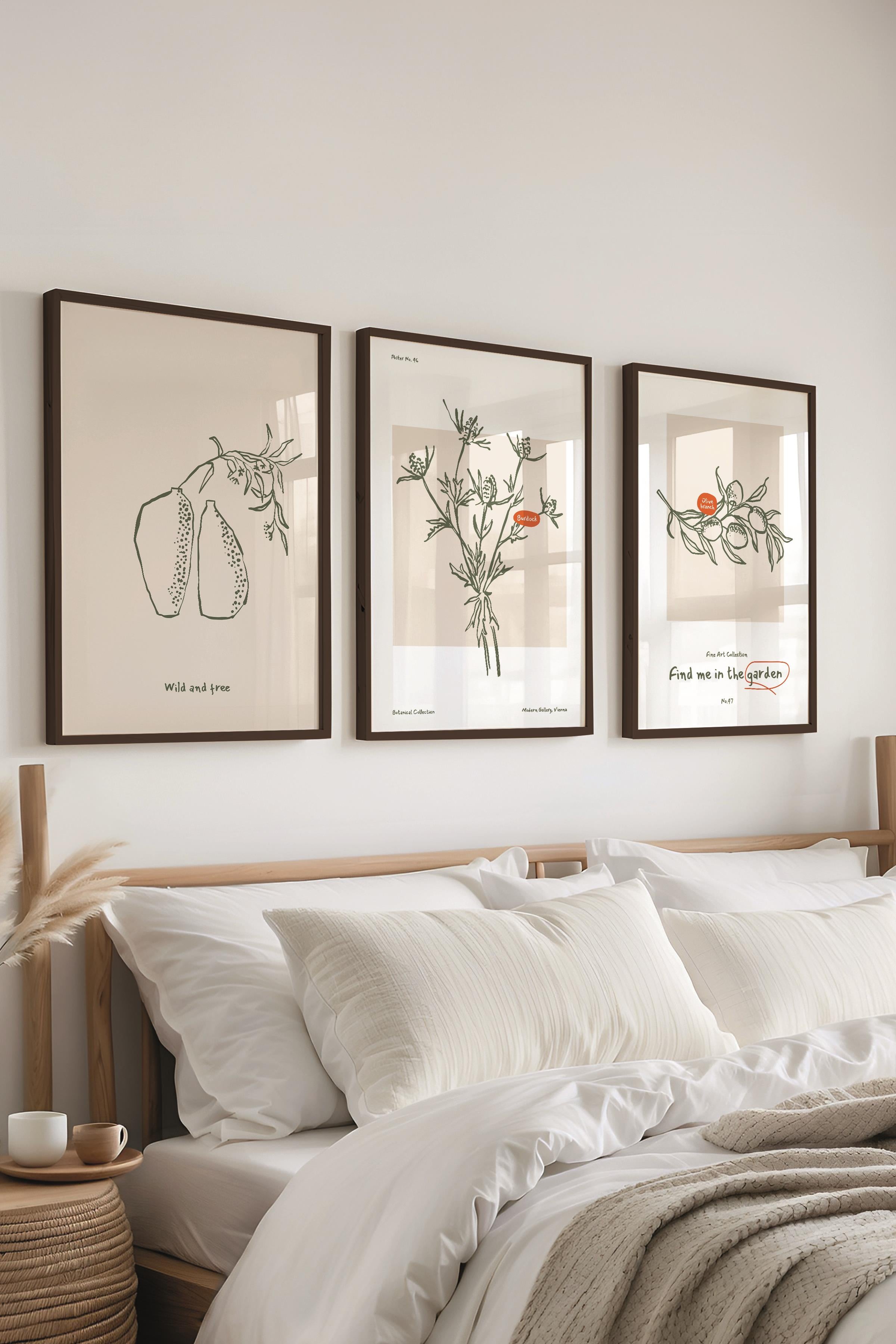 Çerçeveli Tablo Seti, 3 Adet Siyah Çerçeve ve Minimalist Botanik Temalı Poster Seti, No:300470