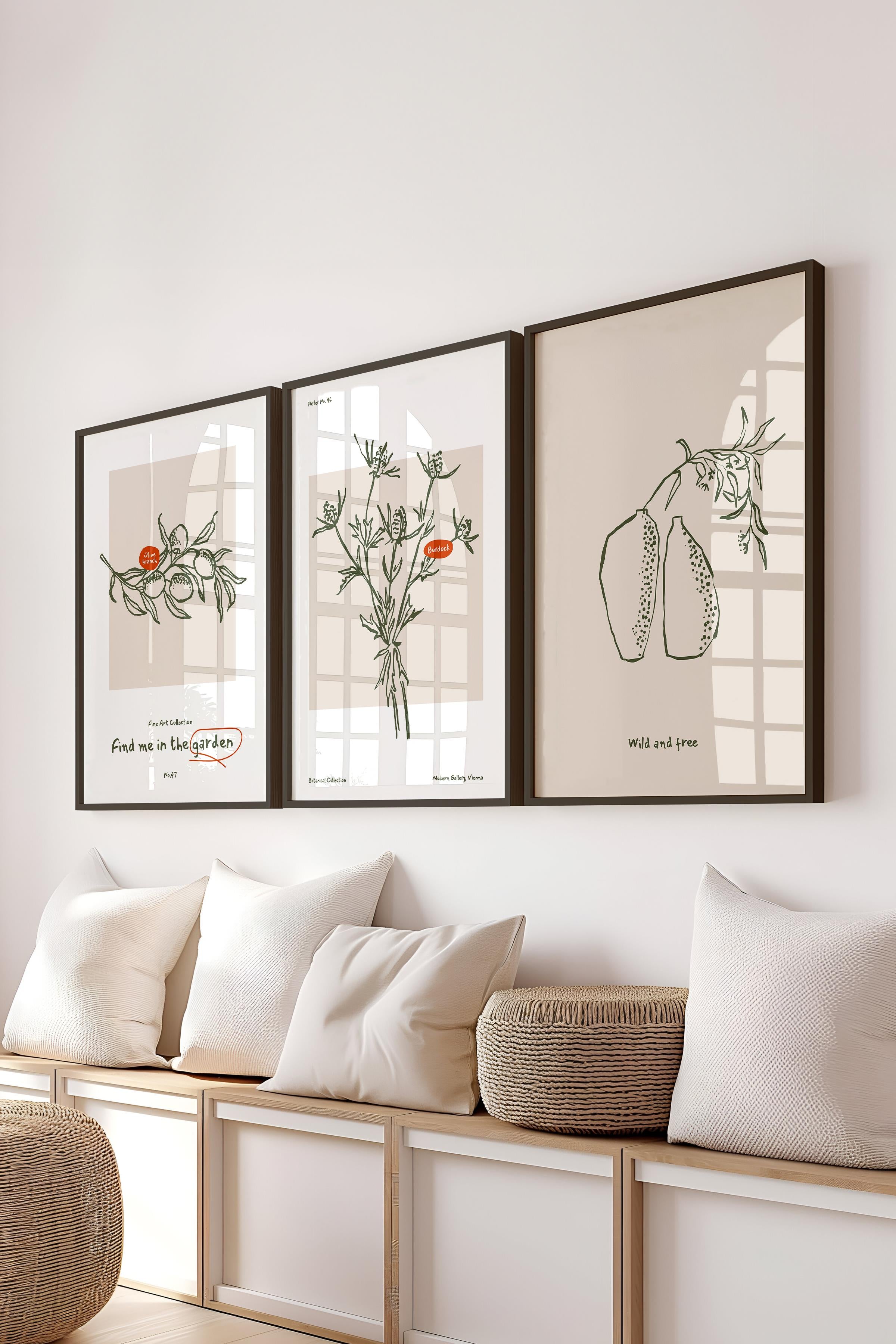 Çerçeveli Tablo Seti, 3 Adet Siyah Çerçeve ve Minimalist Botanik Temalı Poster Seti, No:300470
