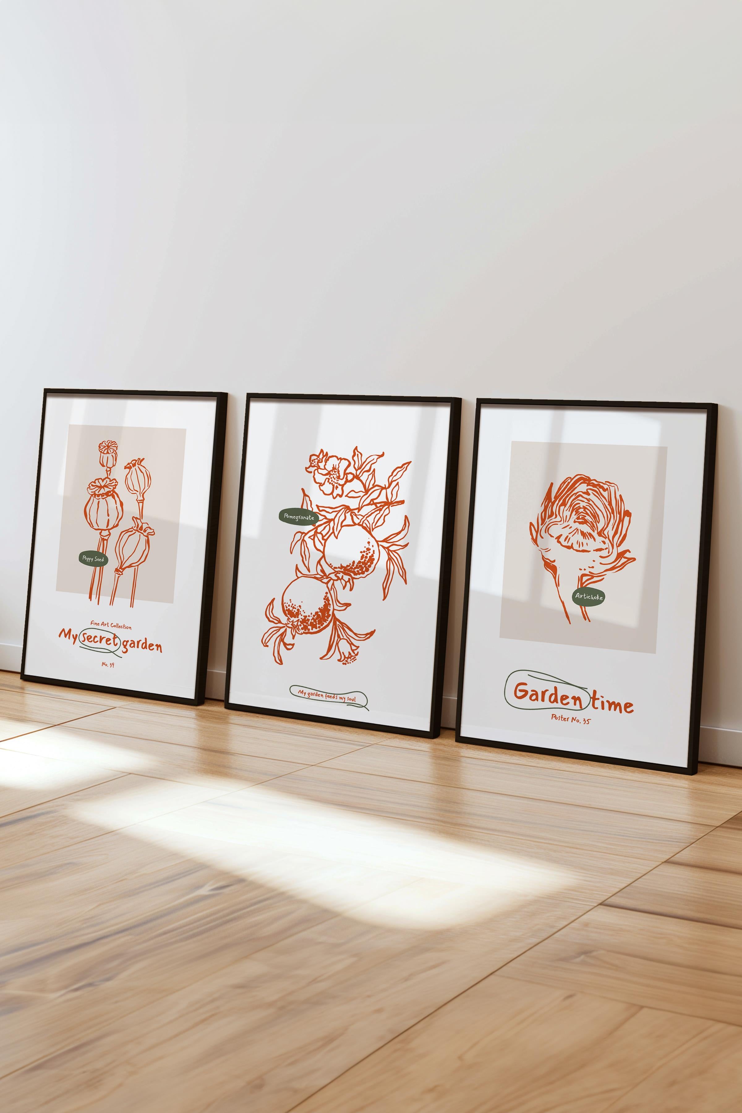 Çerçeveli Tablo Seti, 3 Adet Siyah Çerçeve ve Minimalist Botanik Temalı Poster Seti, No:300471