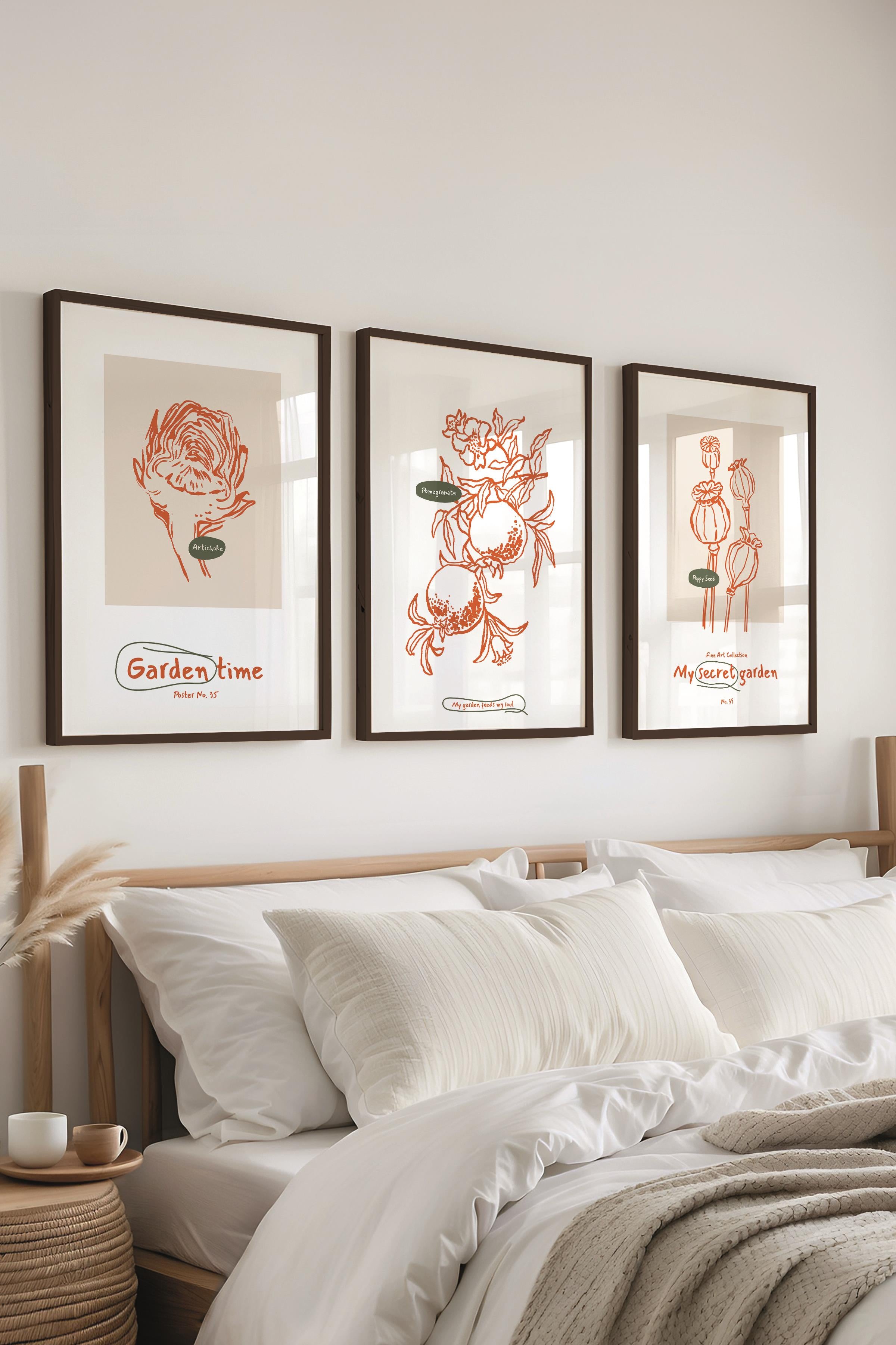 Çerçeveli Tablo Seti, 3 Adet Siyah Çerçeve ve Minimalist Botanik Temalı Poster Seti, No:300471