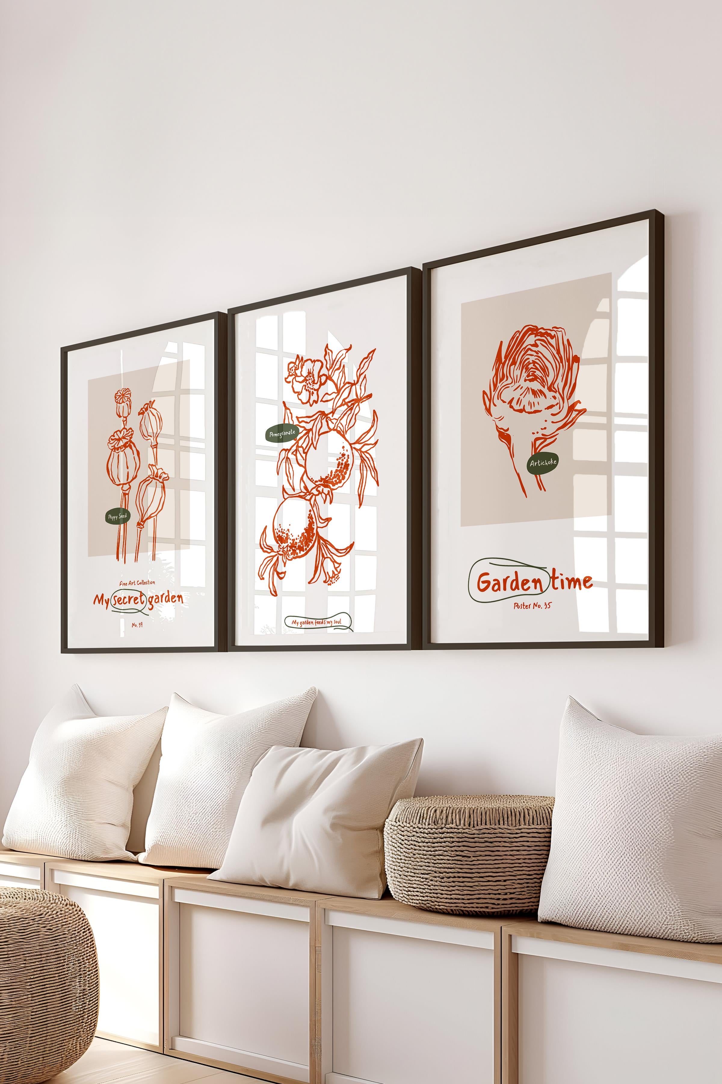 Çerçeveli Tablo Seti, 3 Adet Siyah Çerçeve ve Minimalist Botanik Temalı Poster Seti, No:300471