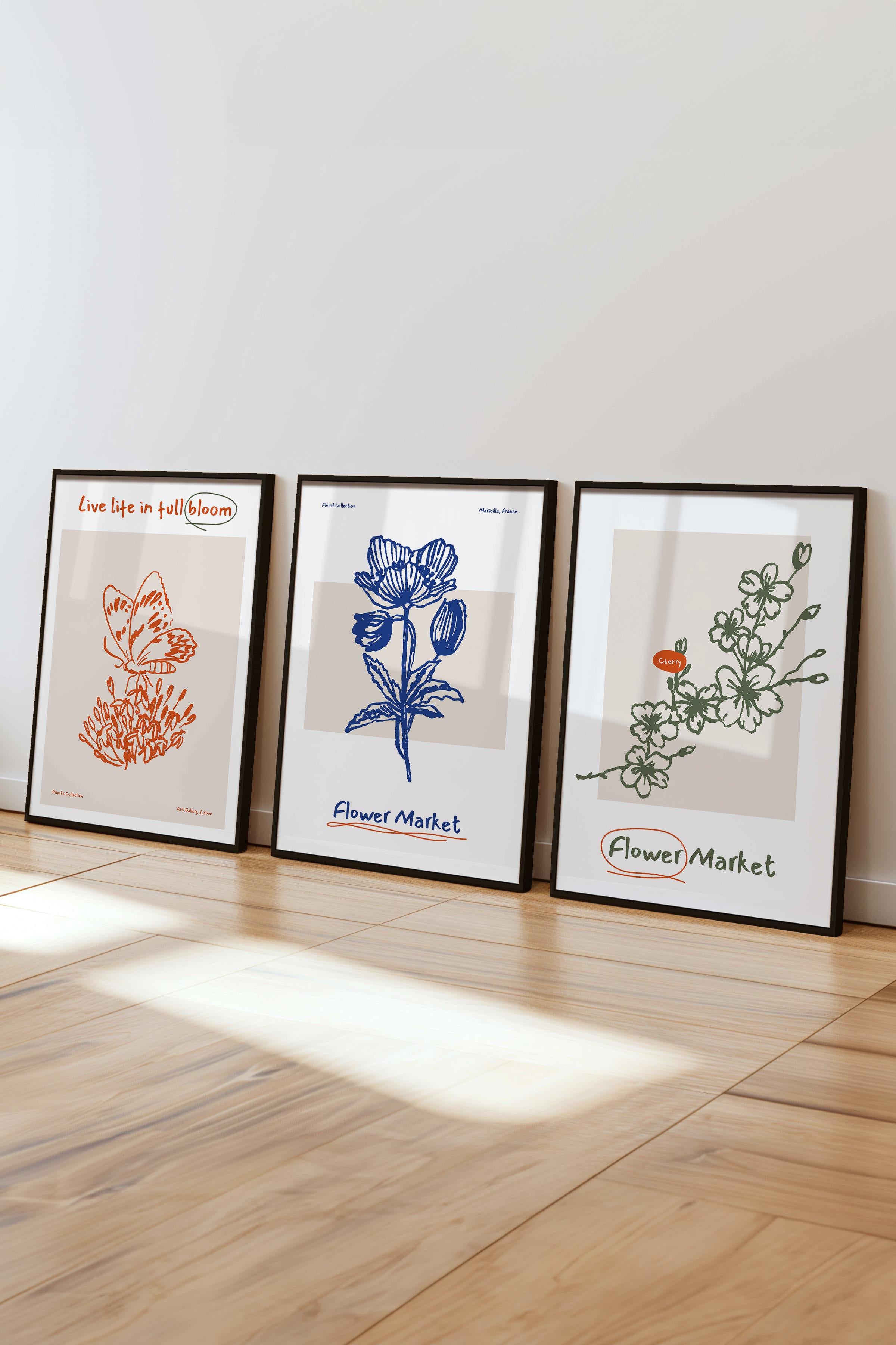 Çerçeveli Tablo Seti, 3 Adet Siyah Çerçeve ve Minimalist Botanik Temalı Poster Seti, No:300473