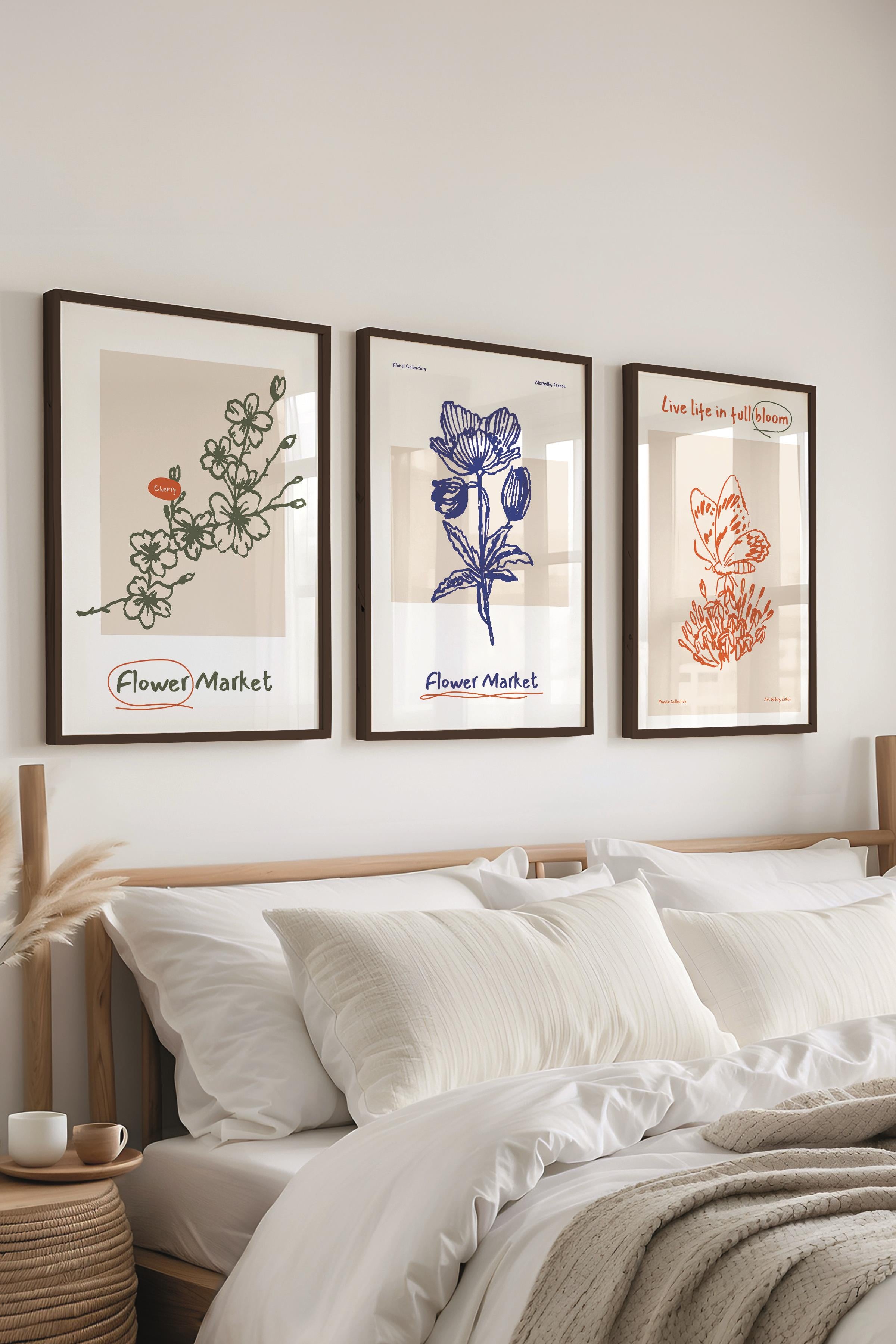 Çerçeveli Tablo Seti, 3 Adet Siyah Çerçeve ve Minimalist Botanik Temalı Poster Seti, No:300473