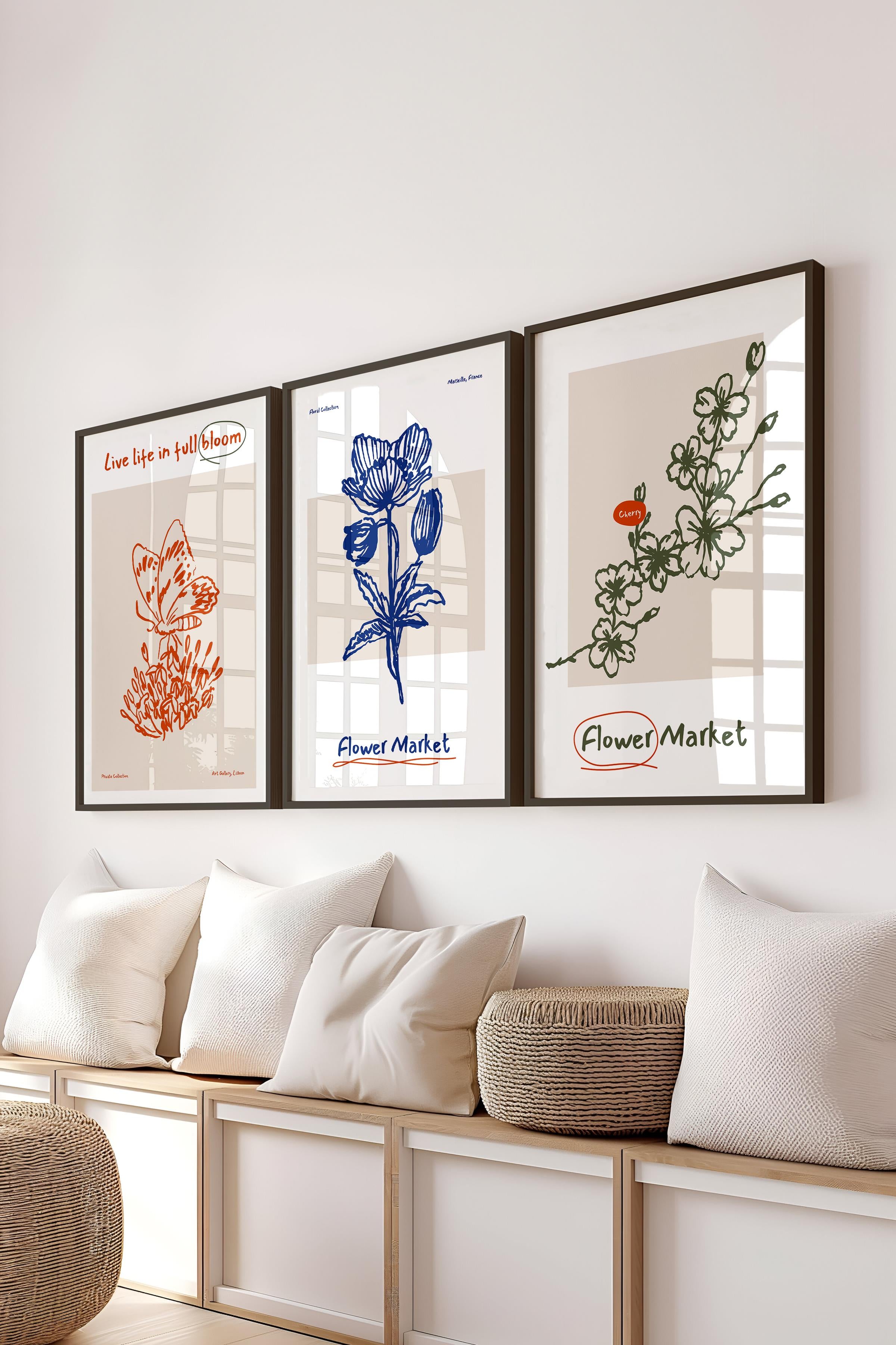 Çerçeveli Tablo Seti, 3 Adet Siyah Çerçeve ve Minimalist Botanik Temalı Poster Seti, No:300473