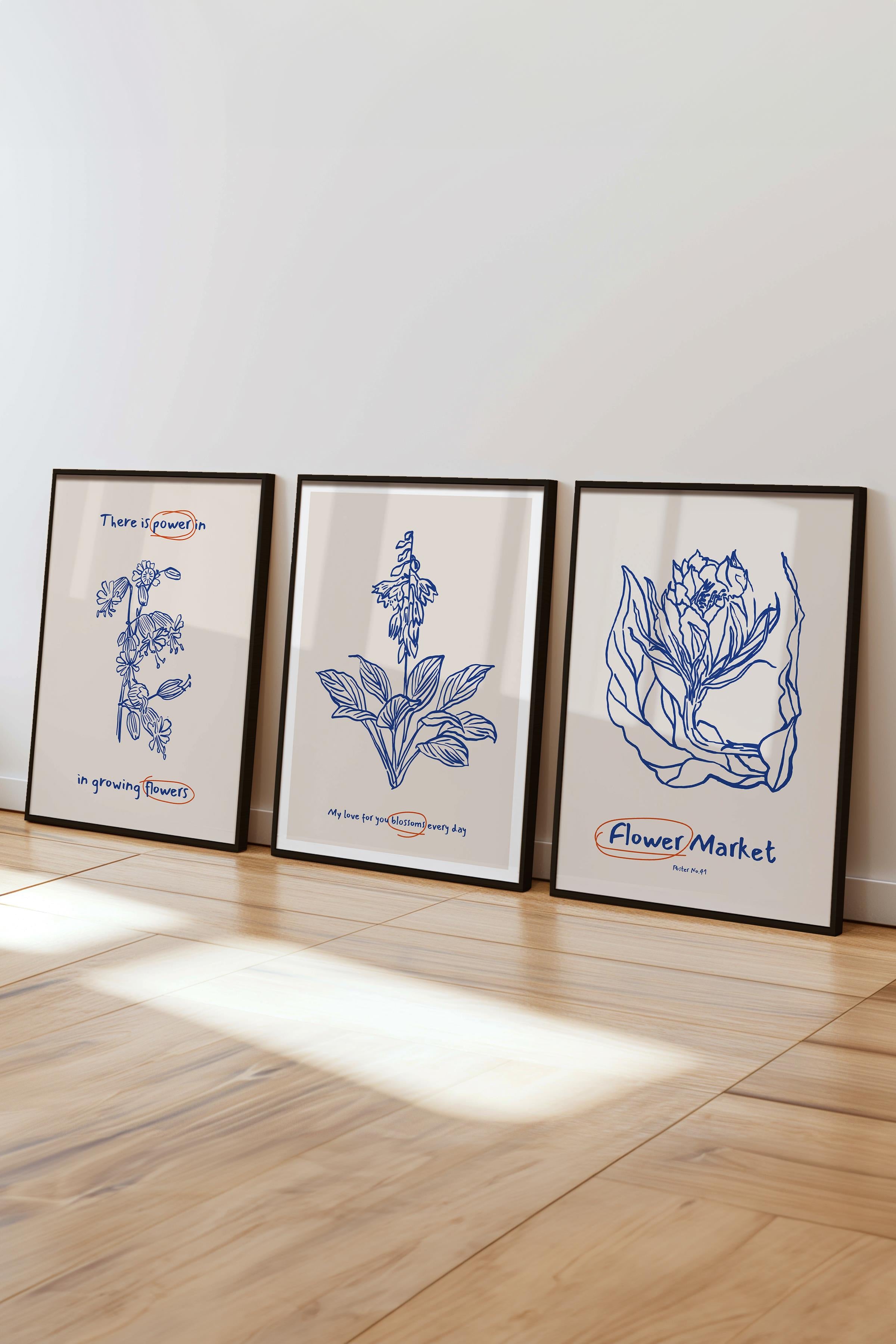 Çerçeveli Tablo Seti, 3 Adet Siyah Çerçeve ve Minimalist Botanik Temalı Poster Seti, No:300474