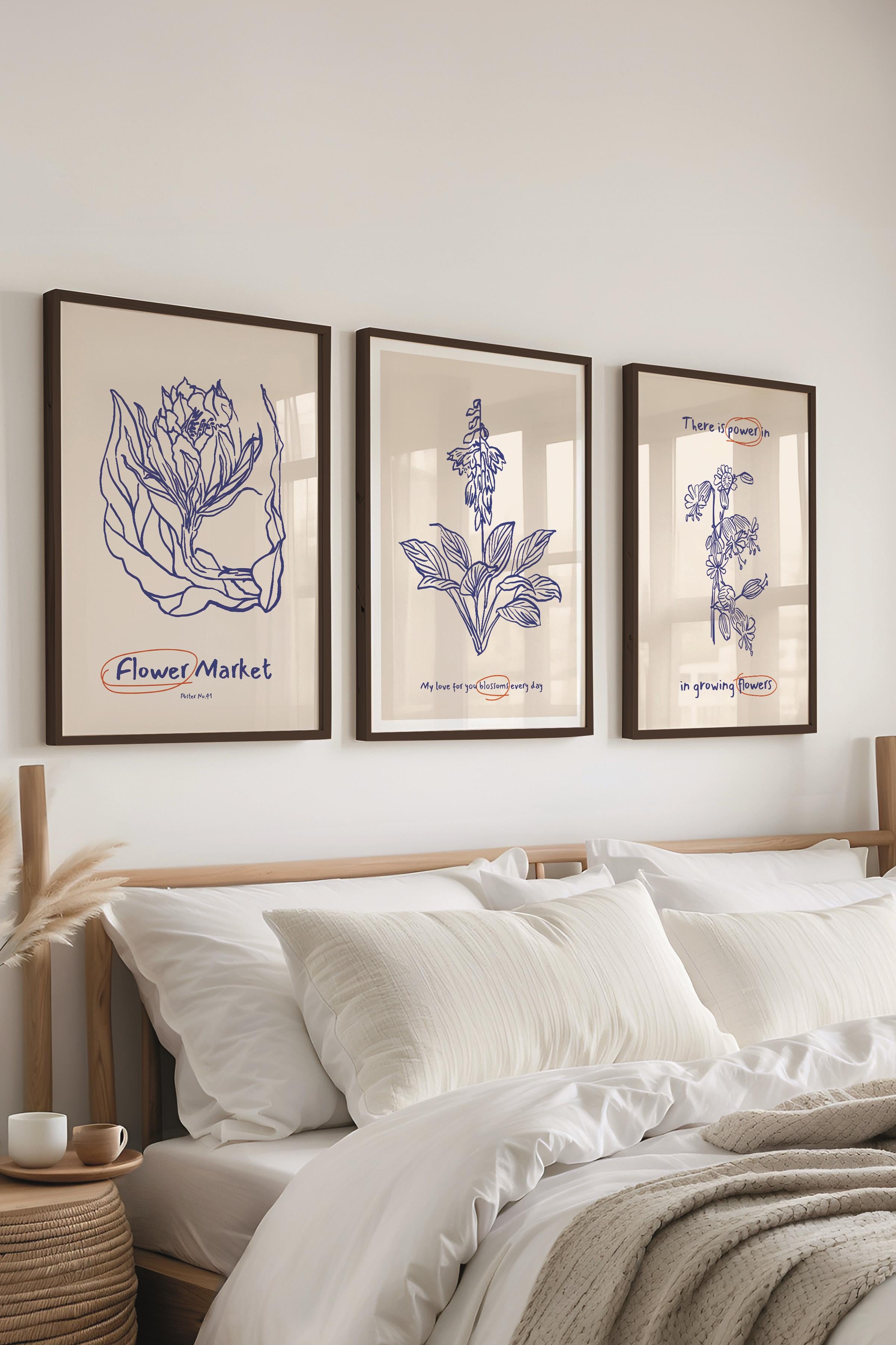 Çerçeveli Tablo Seti, 3 Adet Siyah Çerçeve ve Minimalist Botanik Temalı Poster Seti, No:300474