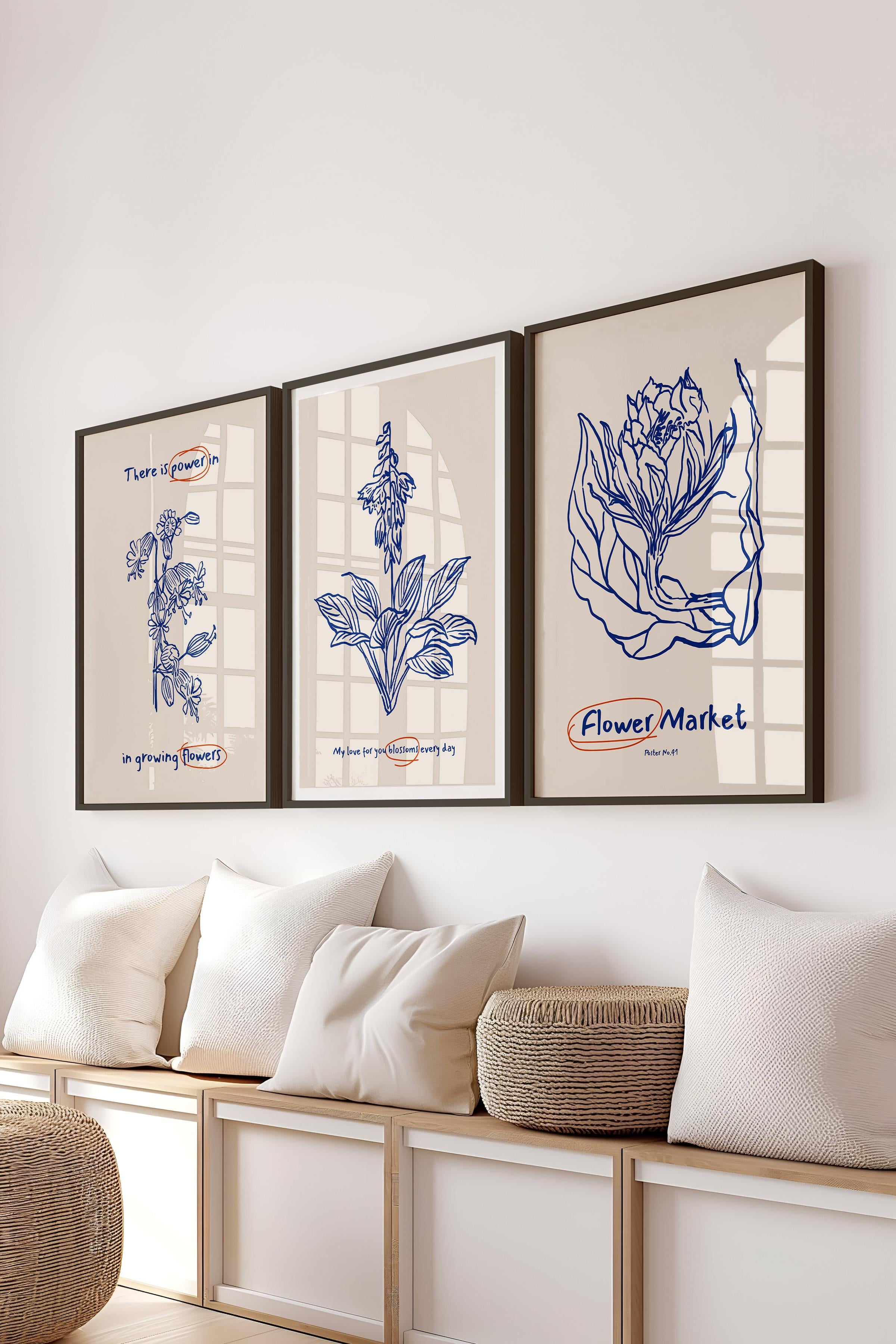 Çerçeveli Tablo Seti, 3 Adet Siyah Çerçeve ve Minimalist Botanik Temalı Poster Seti, No:300474