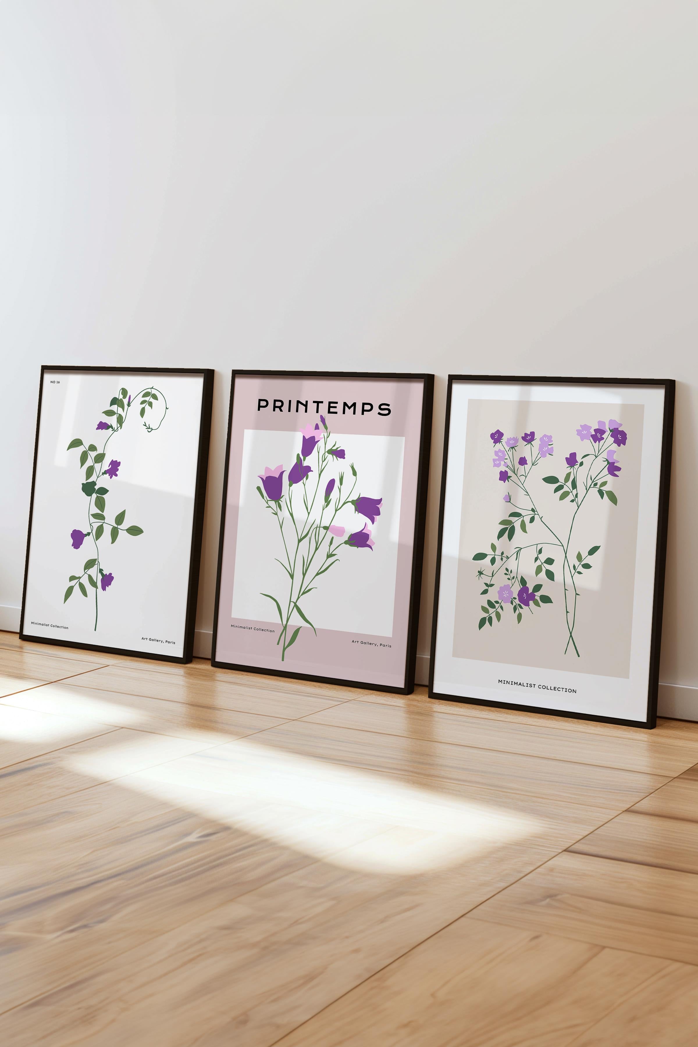 Çerçeveli Tablo Seti, 3 Adet Siyah Çerçeve ve Minimalist Botanik Temalı Poster Seti, No:300475