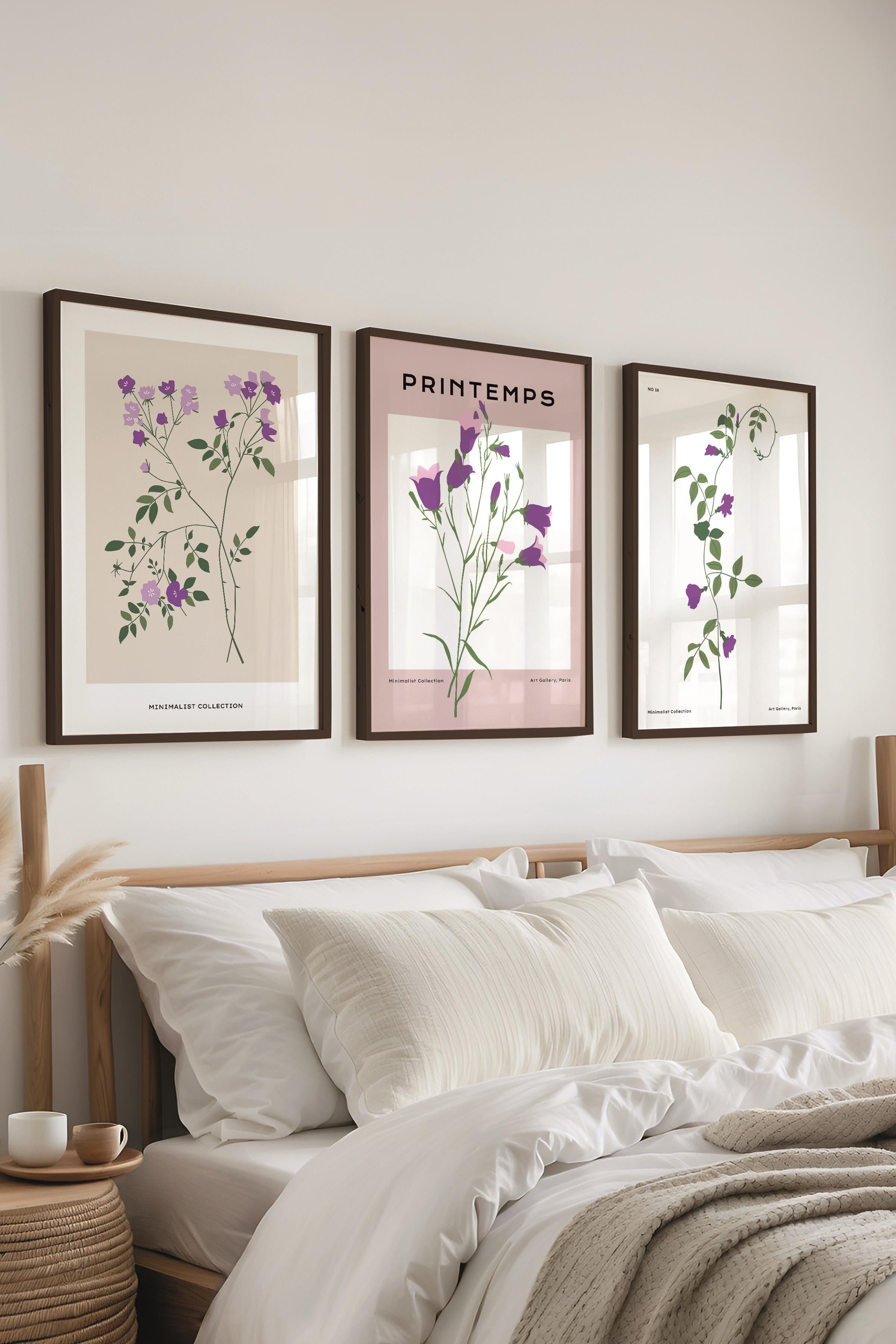 Çerçeveli Tablo Seti, 3 Adet Siyah Çerçeve ve Minimalist Botanik Temalı Poster Seti, No:300475