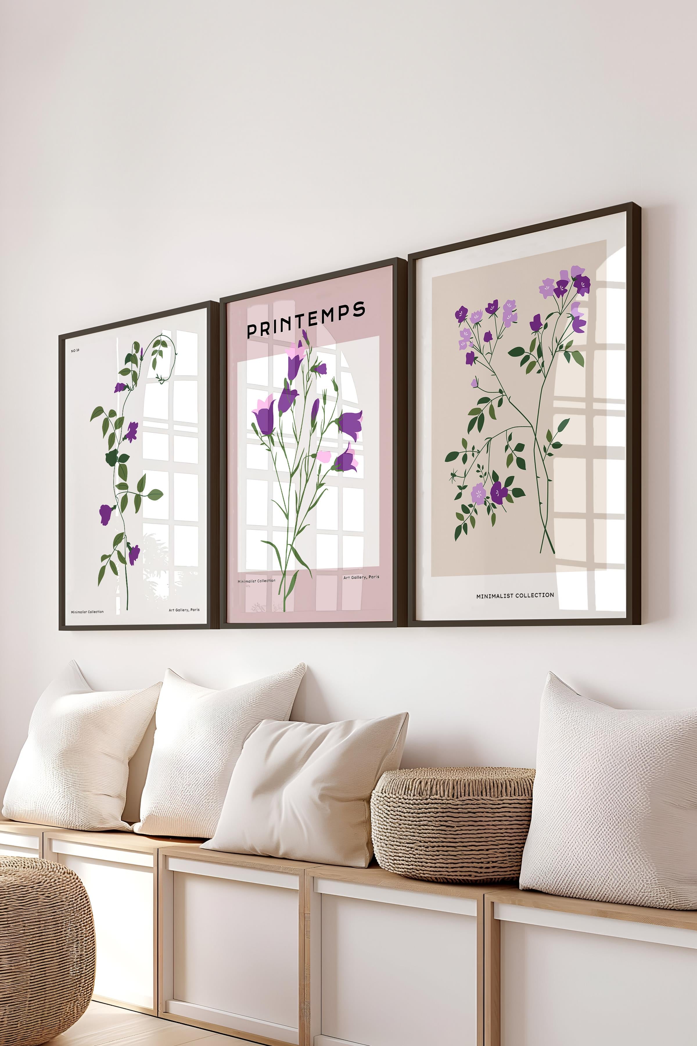Çerçeveli Tablo Seti, 3 Adet Siyah Çerçeve ve Minimalist Botanik Temalı Poster Seti, No:300475