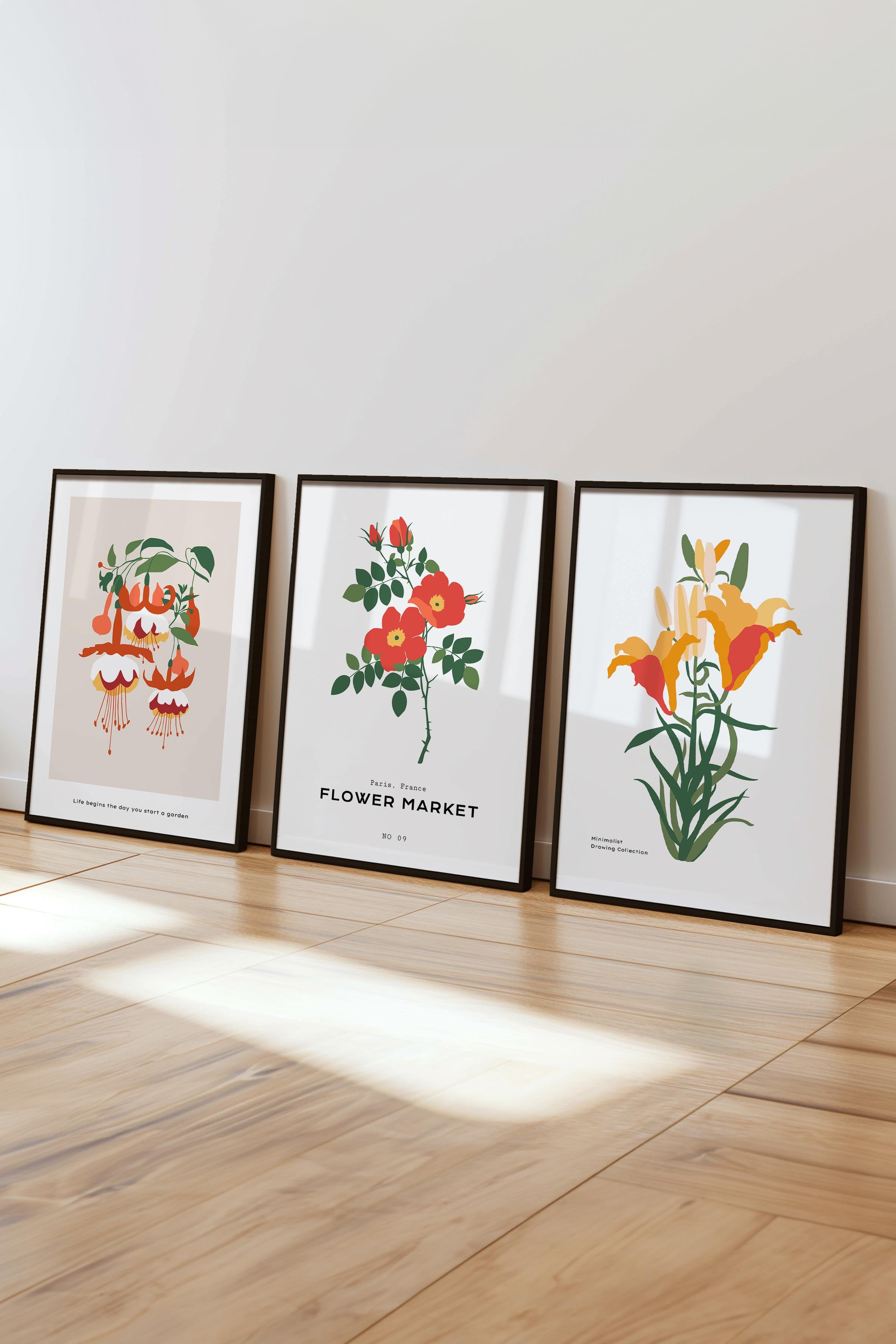 Çerçeveli Tablo Seti, 3 Adet Siyah Çerçeve ve Minimalist Botanik Temalı Poster Seti, No:300476