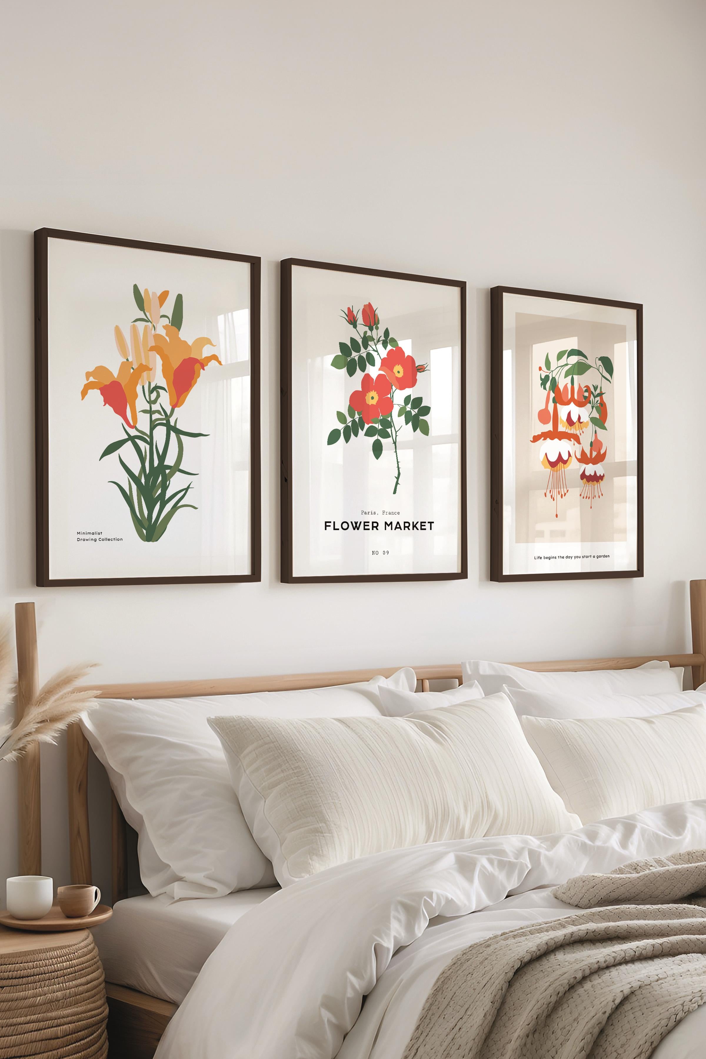 Çerçeveli Tablo Seti, 3 Adet Siyah Çerçeve ve Minimalist Botanik Temalı Poster Seti, No:300476