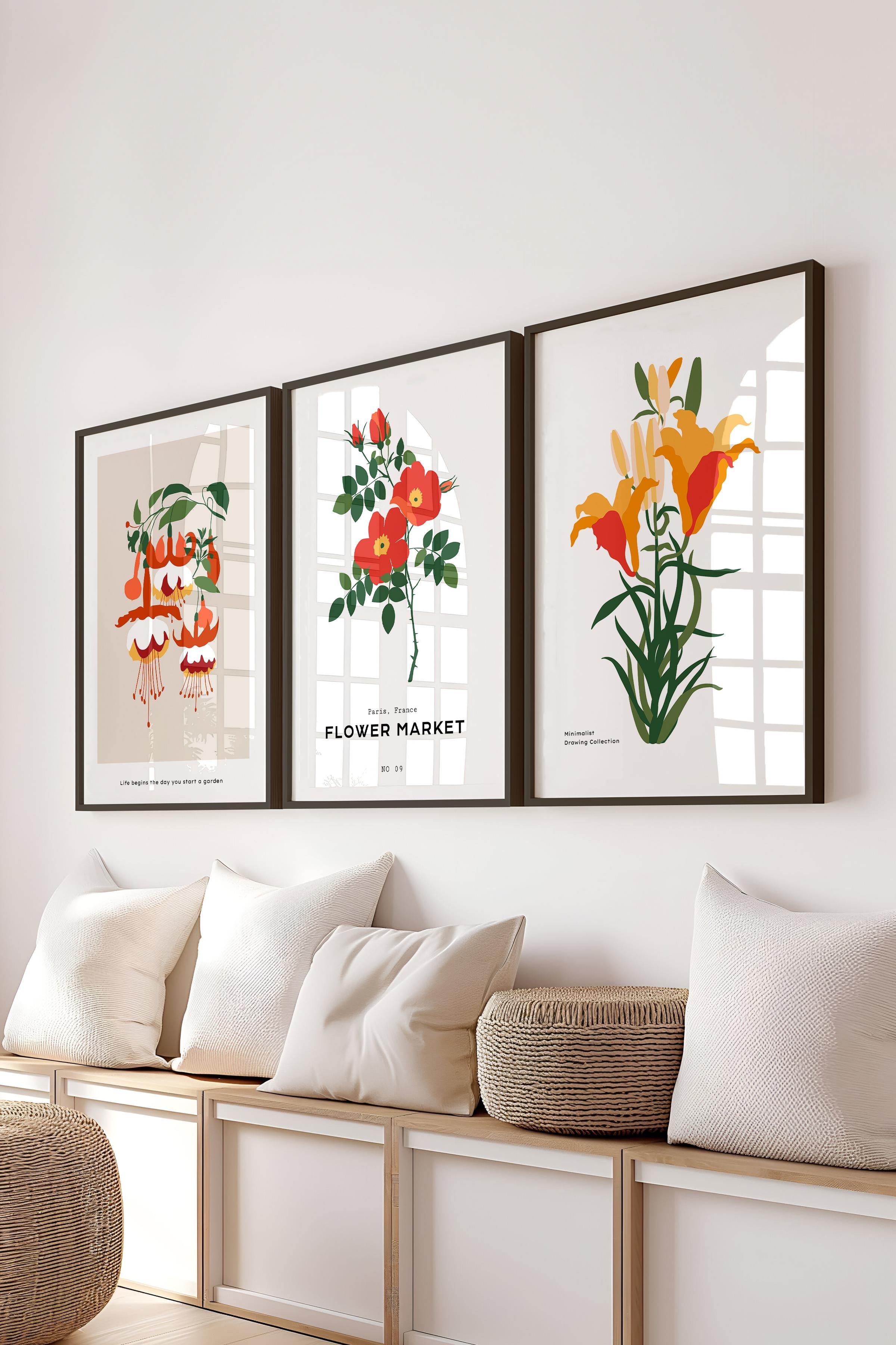 Çerçeveli Tablo Seti, 3 Adet Siyah Çerçeve ve Minimalist Botanik Temalı Poster Seti, No:300476