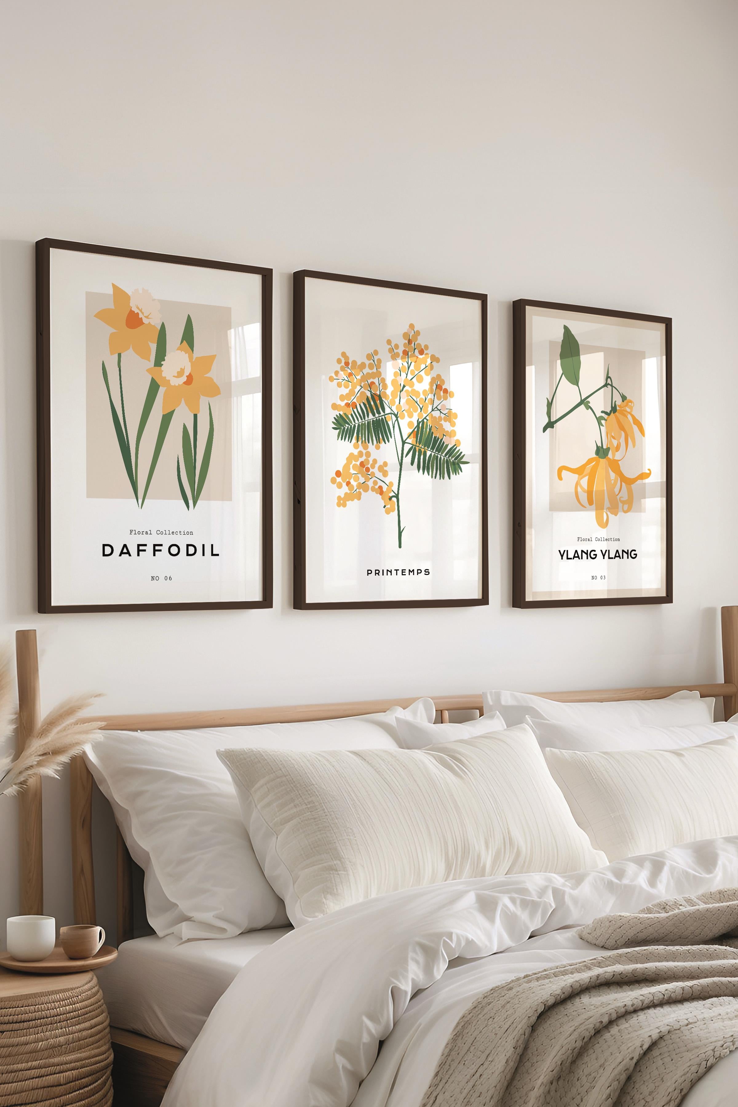 Çerçeveli Tablo Seti, 3 Adet Siyah Çerçeve ve Minimalist Botanik Temalı Poster Seti, No:300477