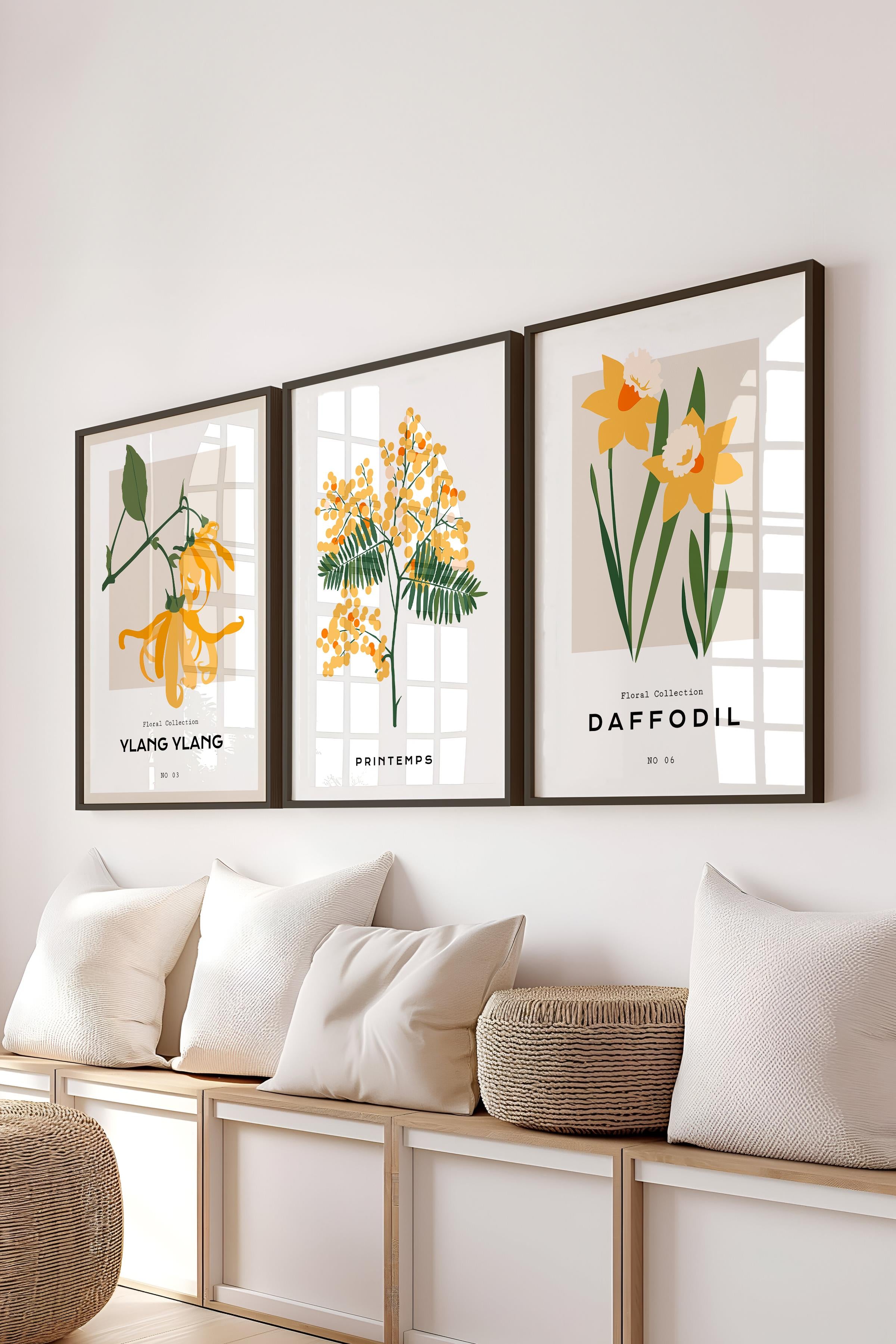 Çerçeveli Tablo Seti, 3 Adet Siyah Çerçeve ve Minimalist Botanik Temalı Poster Seti, No:300477