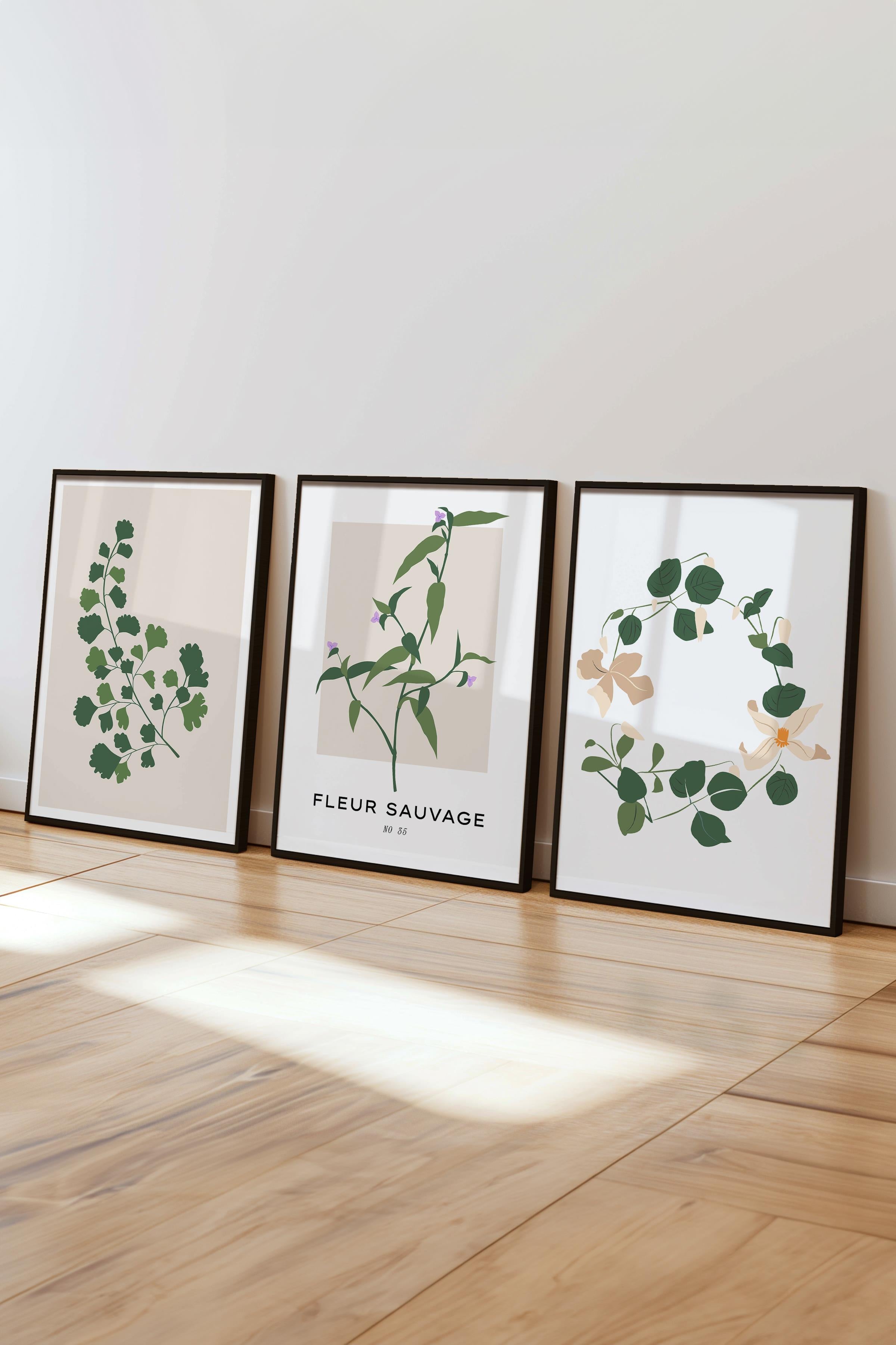 Çerçeveli Tablo Seti, 3 Adet Siyah Çerçeve ve Minimalist Botanik Temalı Poster Seti, No:300478