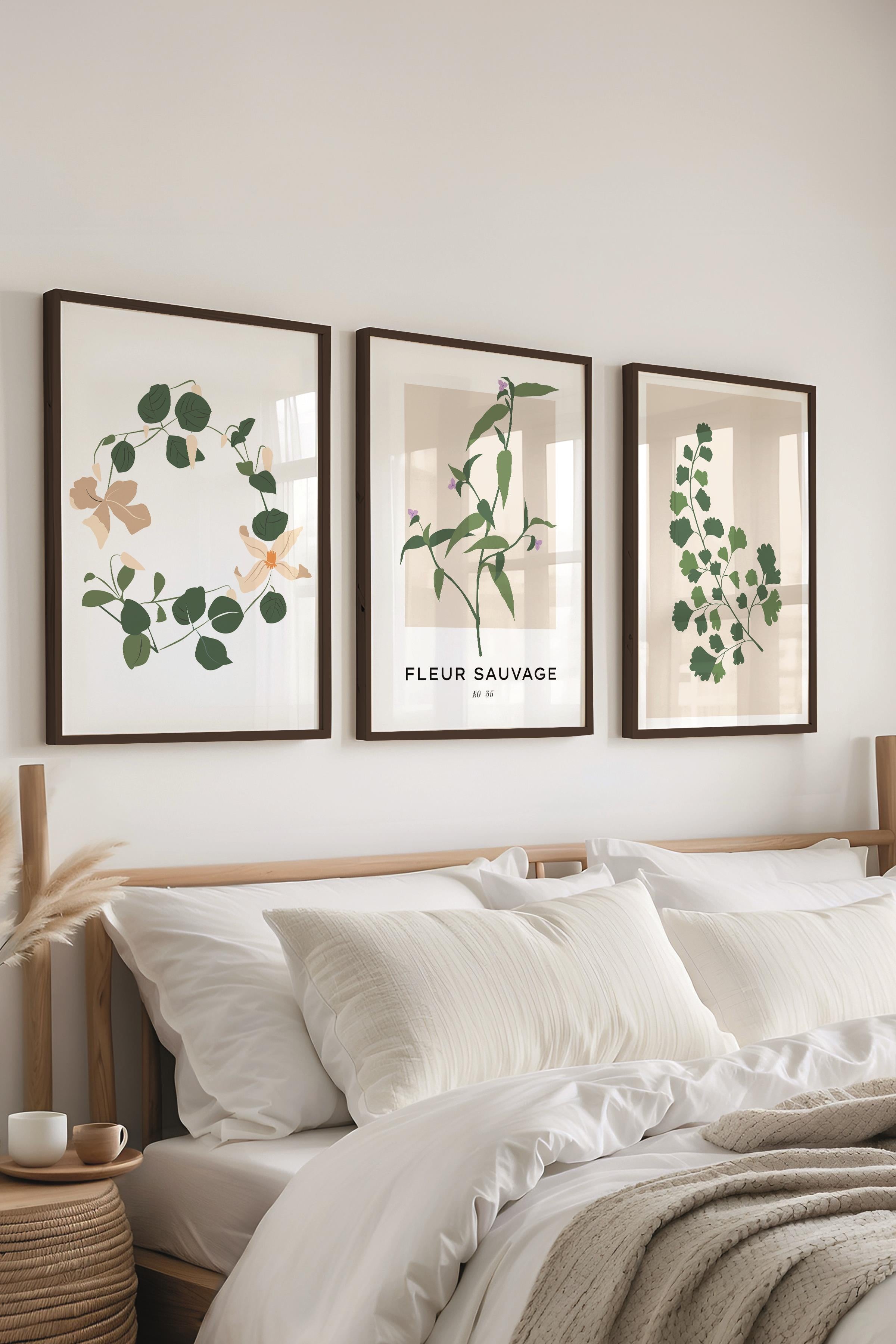 Çerçeveli Tablo Seti, 3 Adet Siyah Çerçeve ve Minimalist Botanik Temalı Poster Seti, No:300478