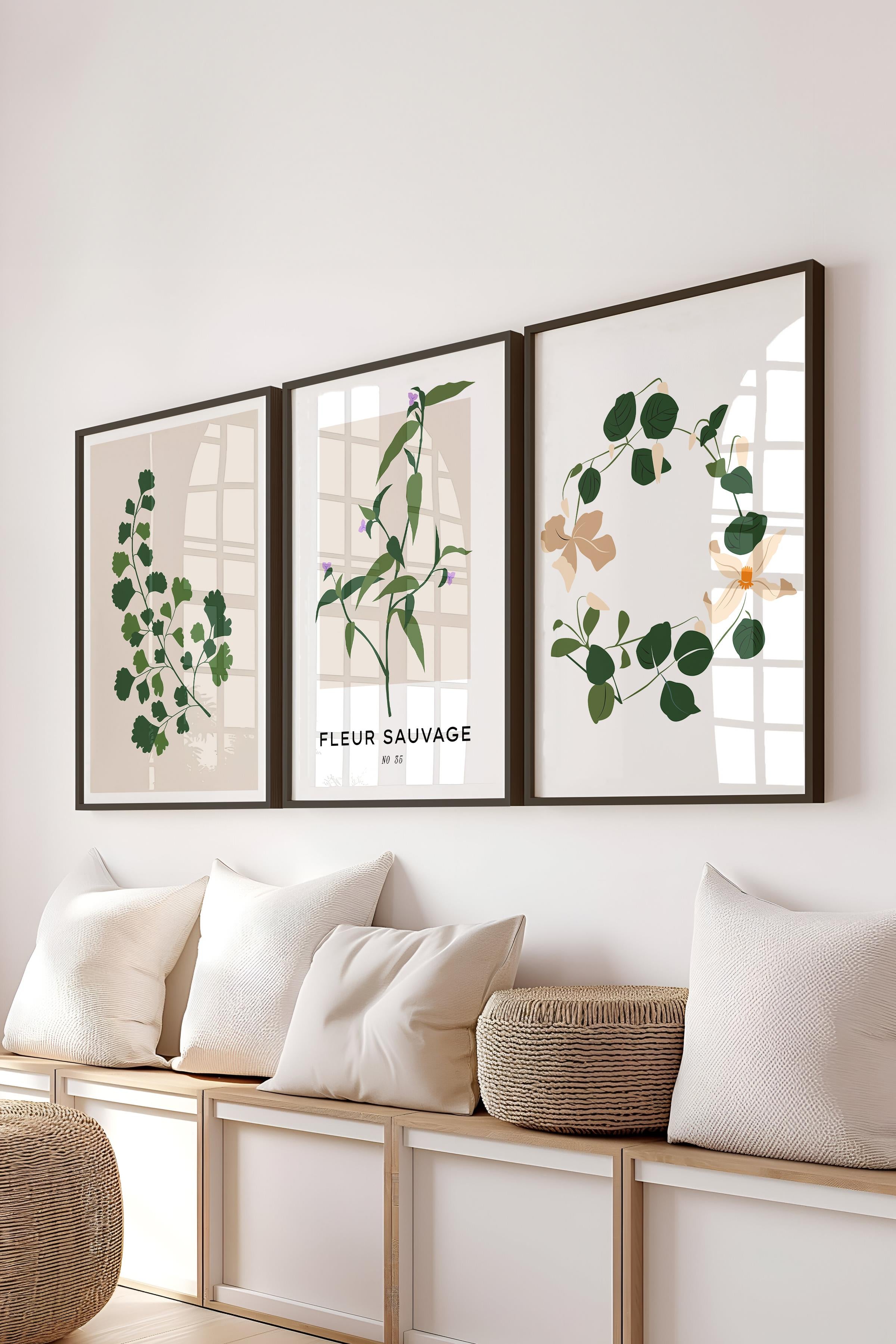 Çerçeveli Tablo Seti, 3 Adet Siyah Çerçeve ve Minimalist Botanik Temalı Poster Seti, No:300478