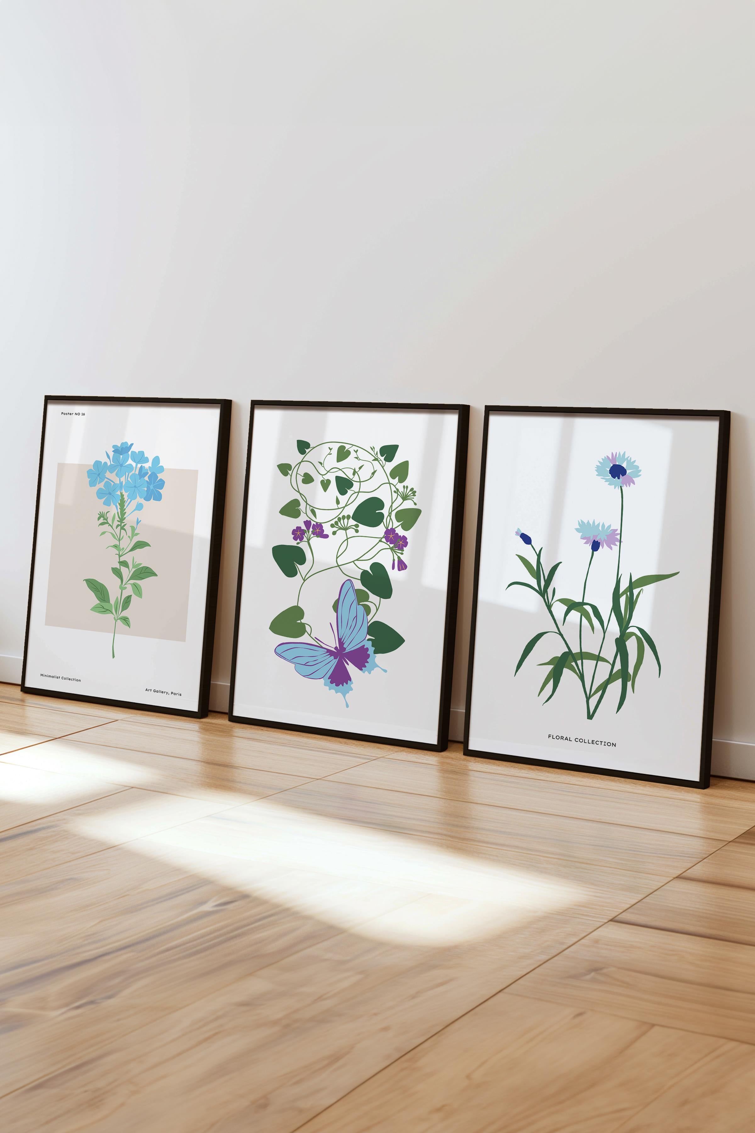 Çerçeveli Tablo Seti, 3 Adet Siyah Çerçeve ve Minimalist Botanik Temalı Poster Seti, No:300479