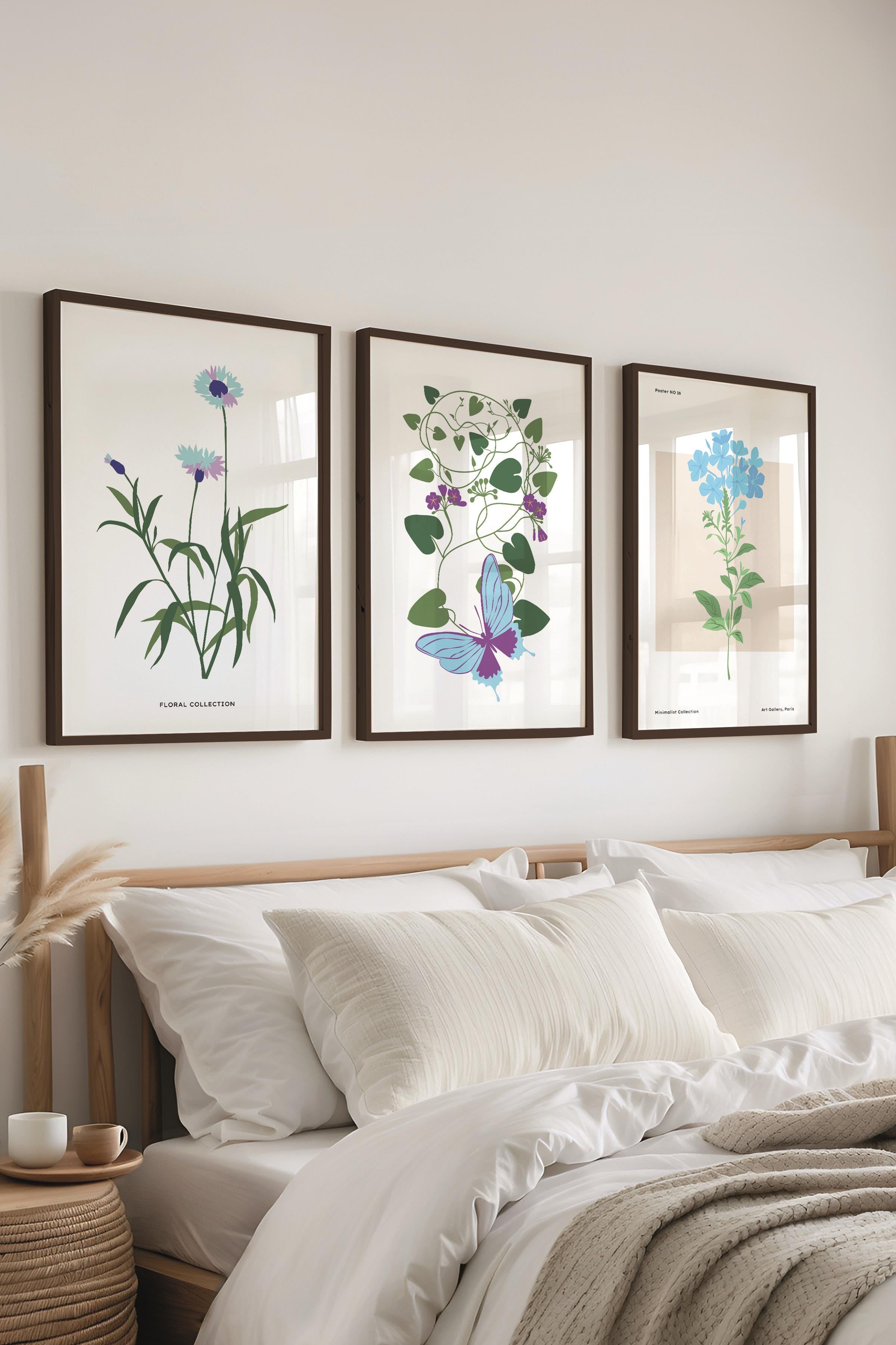 Çerçeveli Tablo Seti, 3 Adet Siyah Çerçeve ve Minimalist Botanik Temalı Poster Seti, No:300479