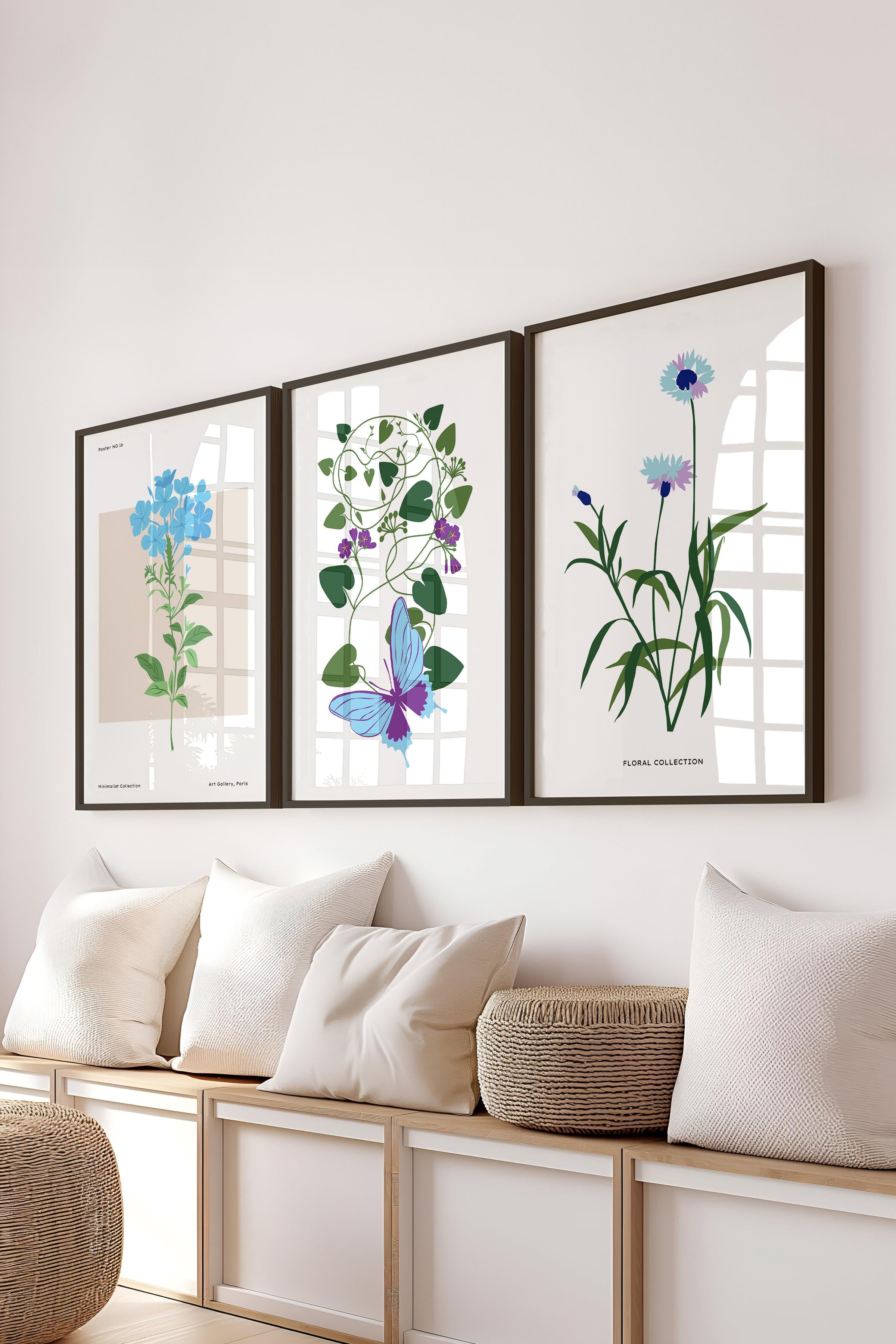 Çerçeveli Tablo Seti, 3 Adet Siyah Çerçeve ve Minimalist Botanik Temalı Poster Seti, No:300479