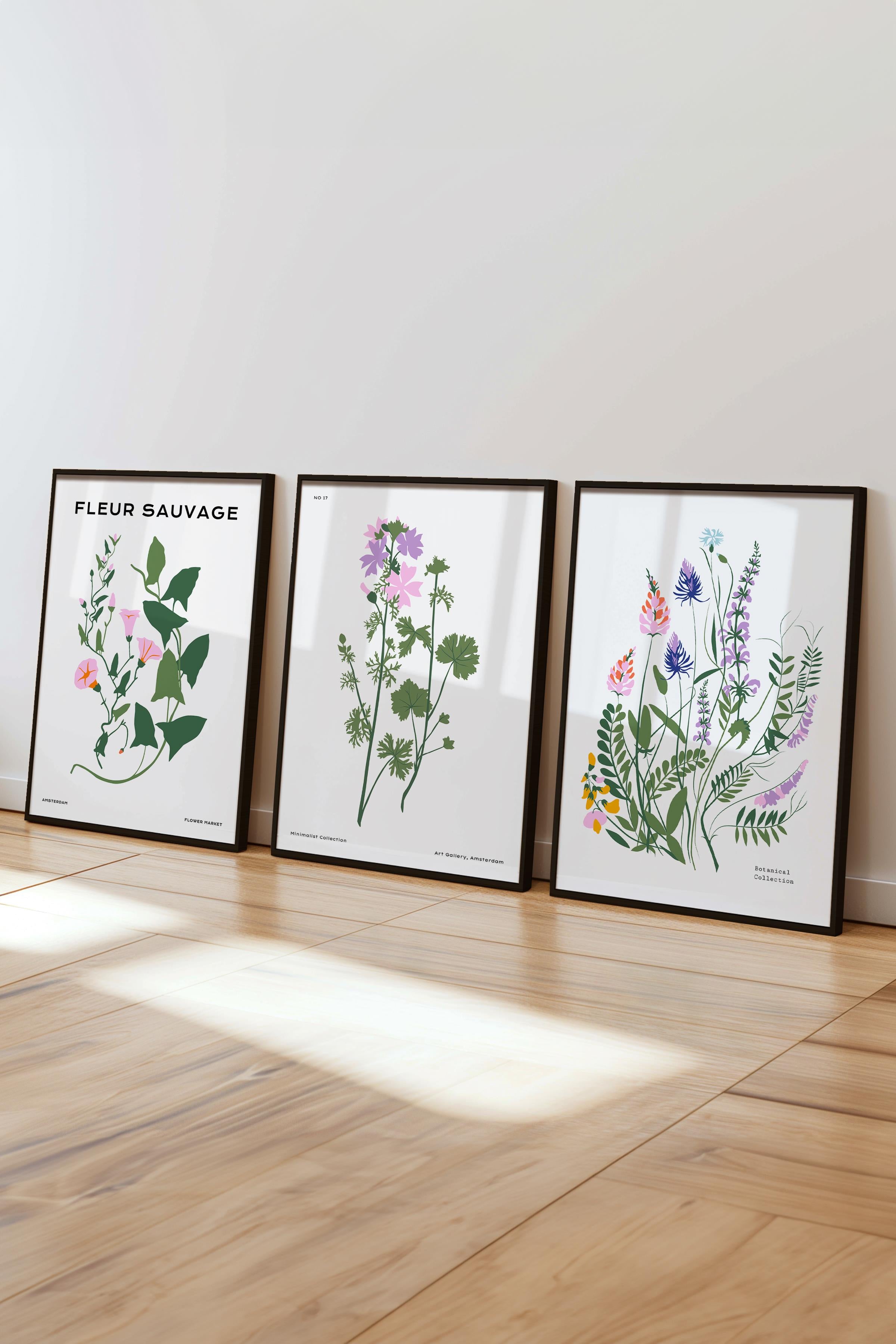Çerçeveli Tablo Seti, 3 Adet Siyah Çerçeve ve Minimalist Botanik Temalı Poster Seti, No:300480