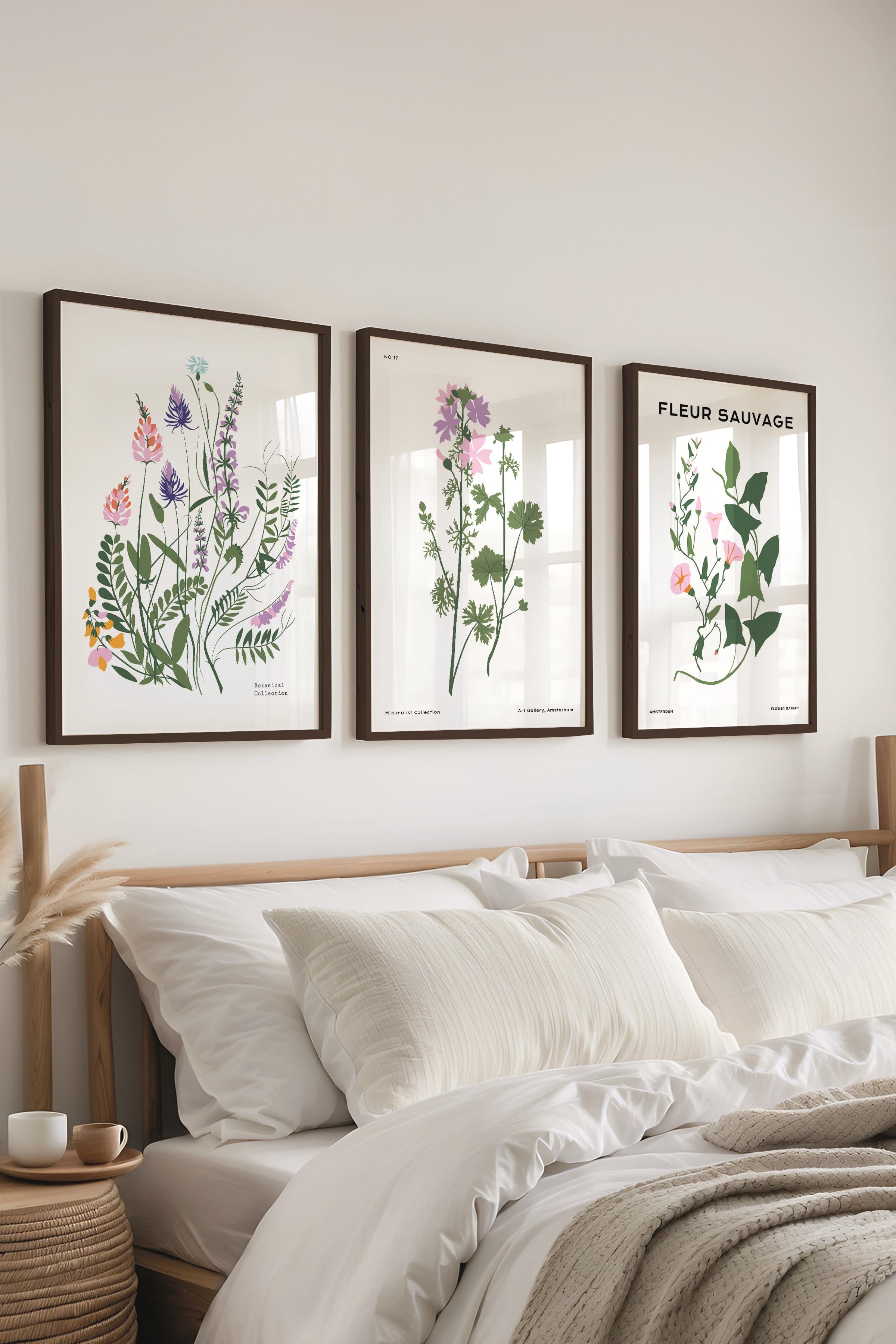 Çerçeveli Tablo Seti, 3 Adet Siyah Çerçeve ve Minimalist Botanik Temalı Poster Seti, No:300480