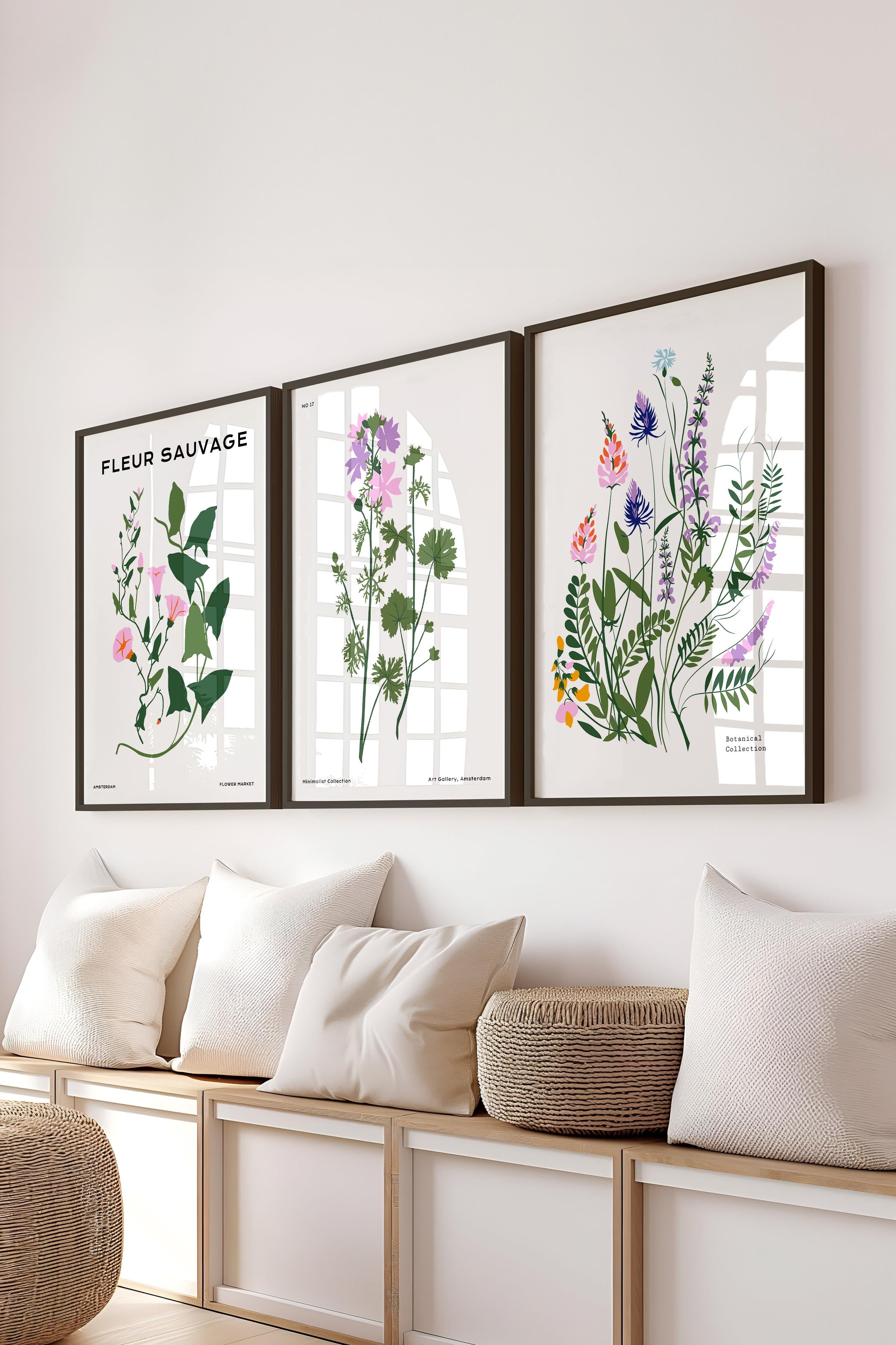 Çerçeveli Tablo Seti, 3 Adet Siyah Çerçeve ve Minimalist Botanik Temalı Poster Seti, No:300480