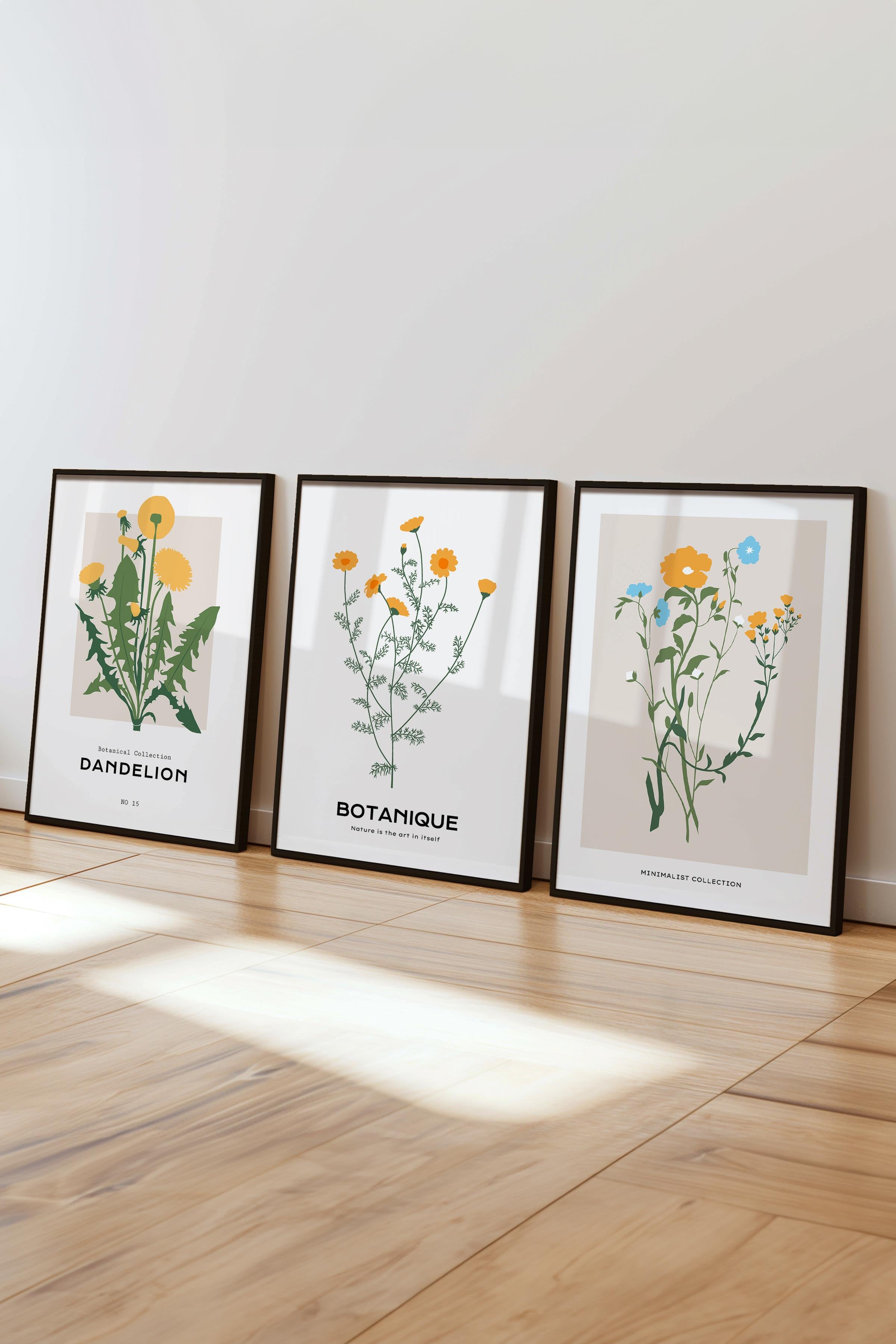Çerçeveli Tablo Seti, 3 Adet Siyah Çerçeve ve Minimalist Botanik Temalı Poster Seti, No:300481
