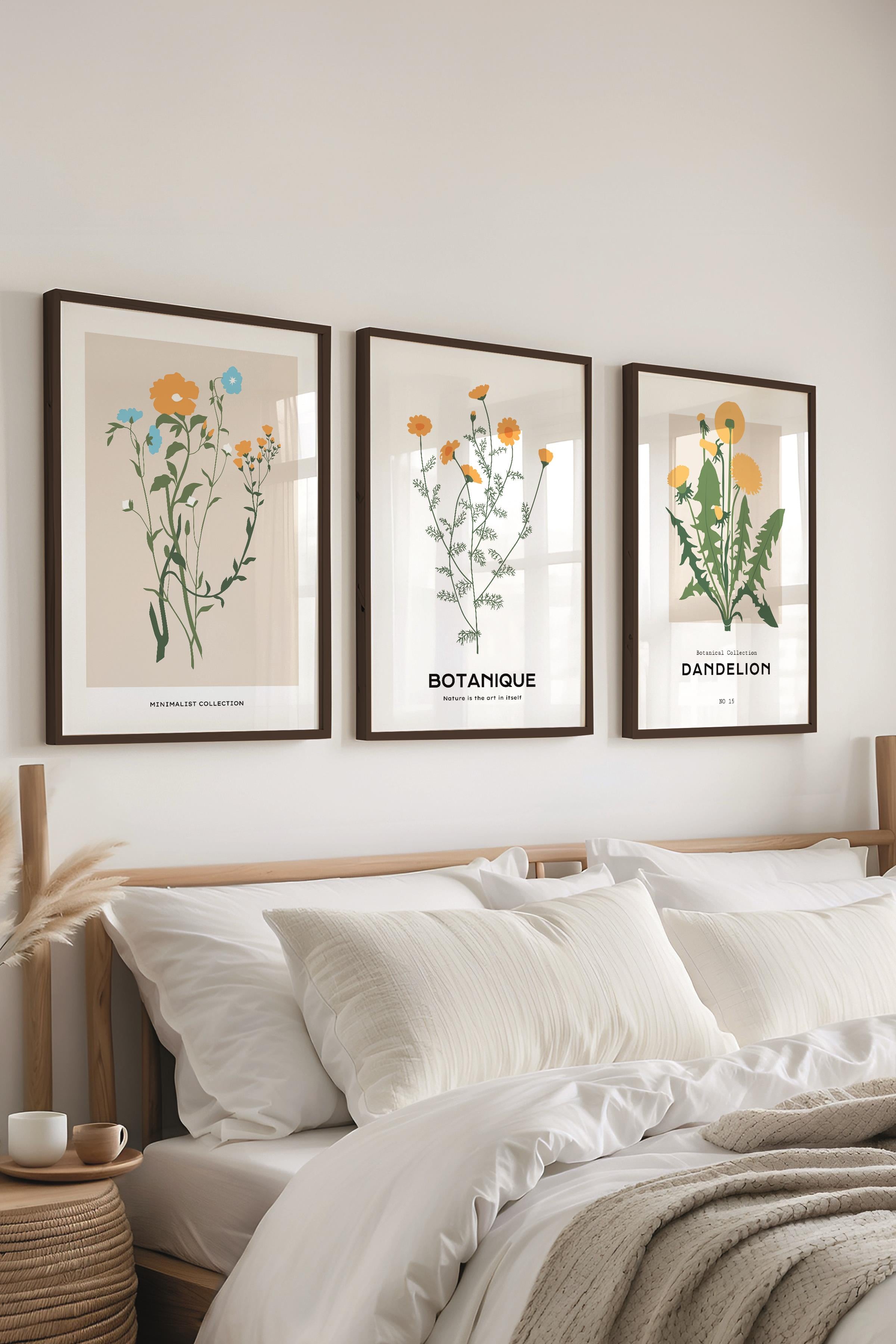 Çerçeveli Tablo Seti, 3 Adet Siyah Çerçeve ve Minimalist Botanik Temalı Poster Seti, No:300481