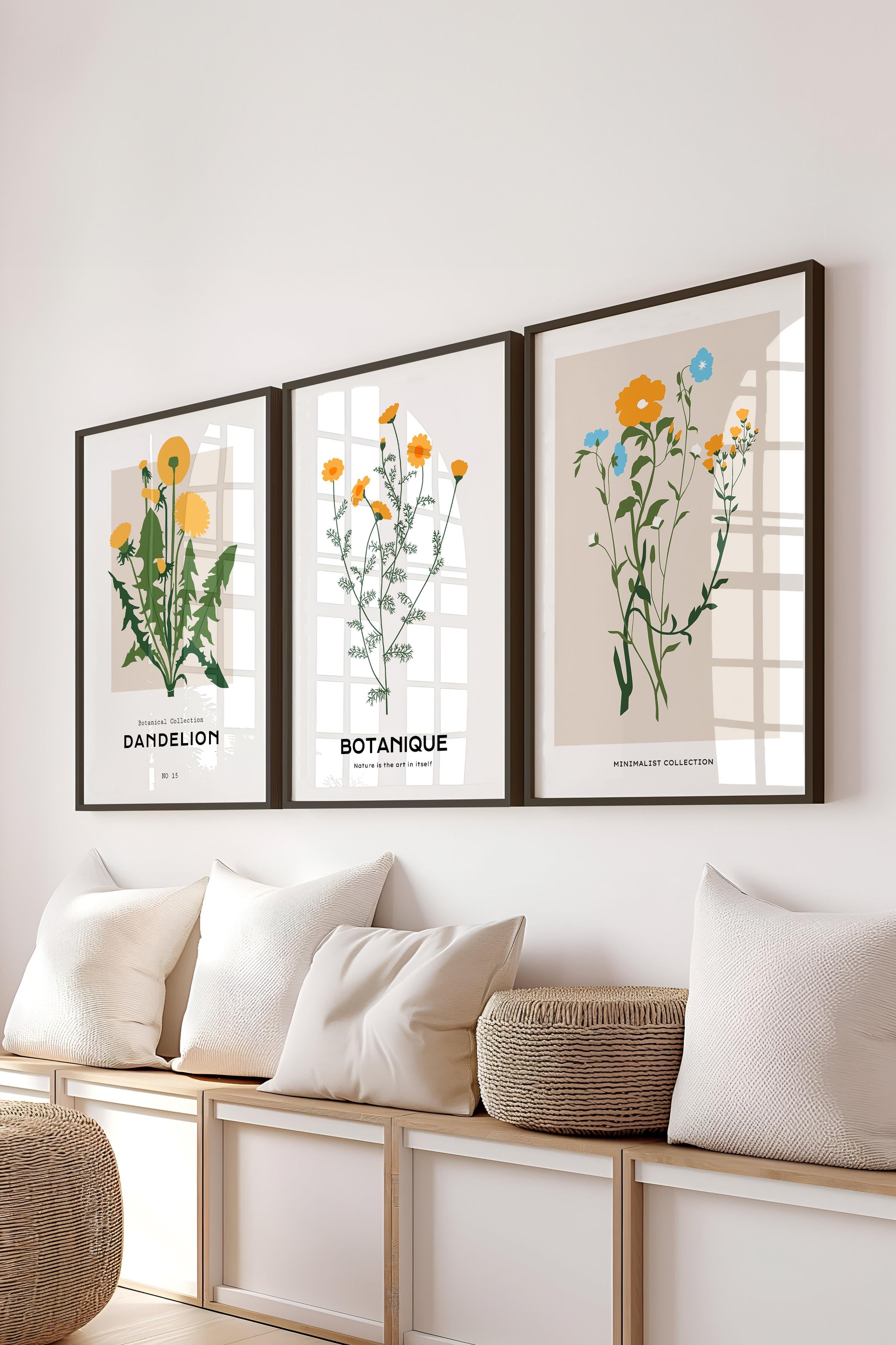 Çerçeveli Tablo Seti, 3 Adet Siyah Çerçeve ve Minimalist Botanik Temalı Poster Seti, No:300481