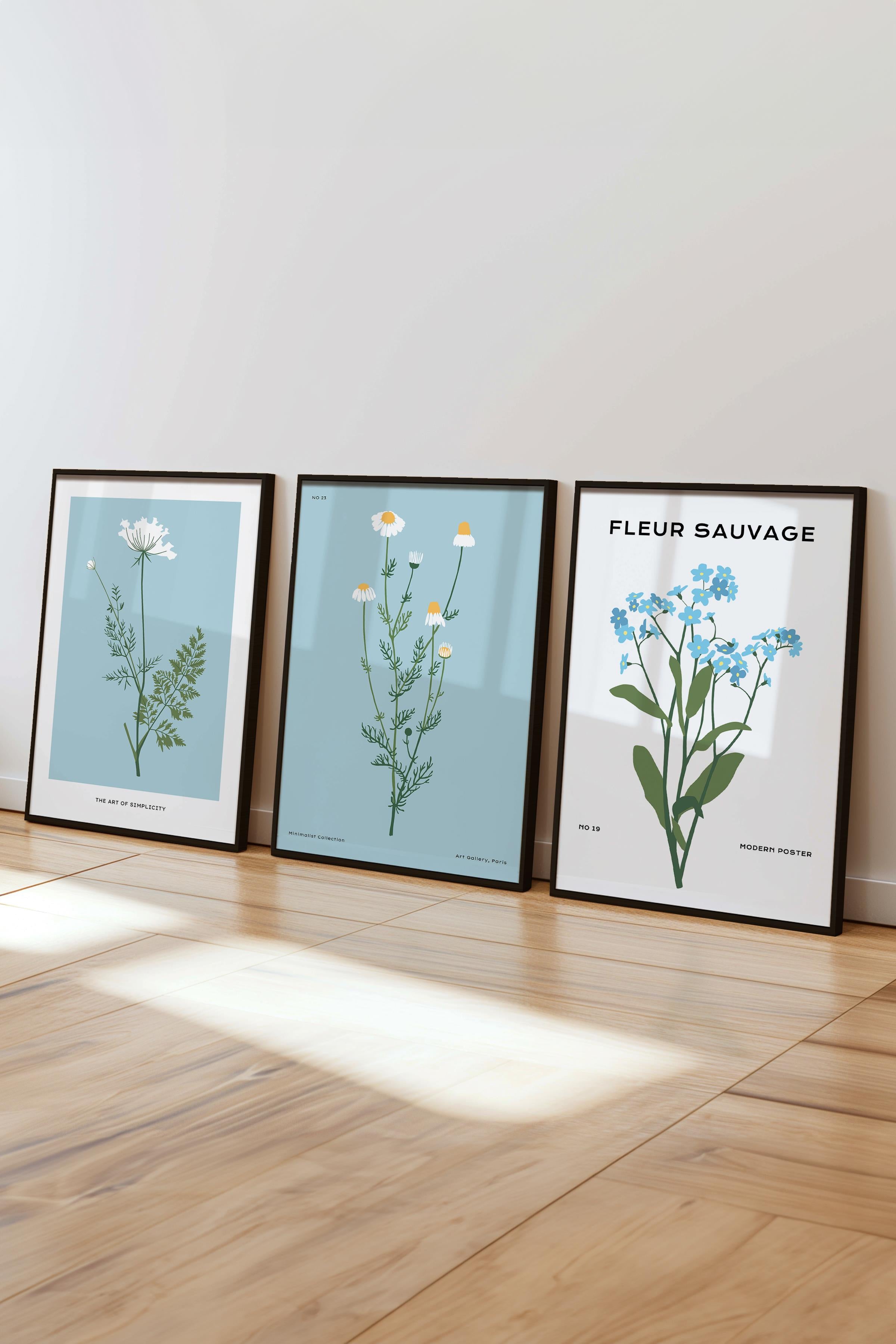Çerçeveli Tablo Seti, 3 Adet Siyah Çerçeve ve Minimalist Çiçekler Temalı Poster Seti, No:300482