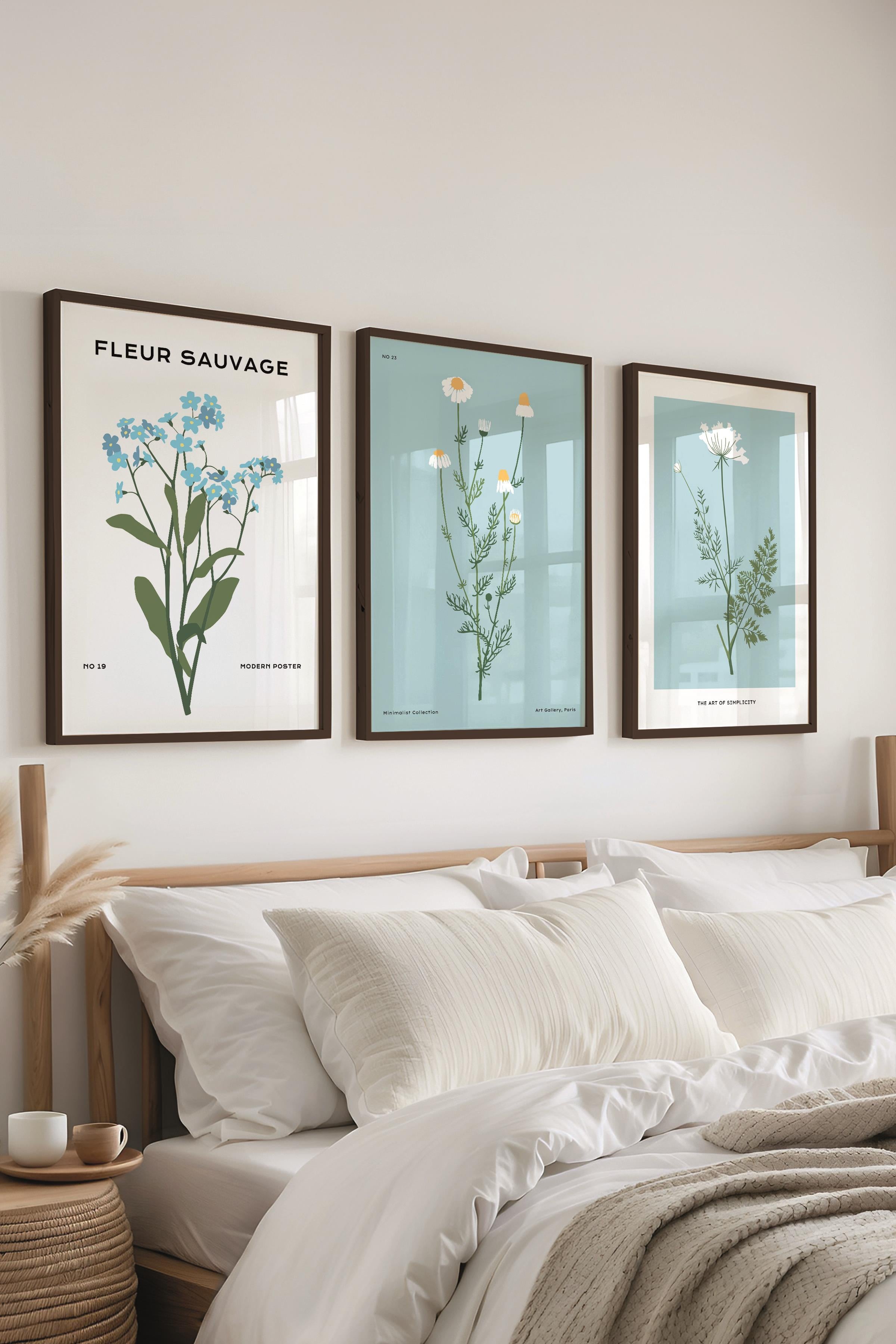 Çerçeveli Tablo Seti, 3 Adet Siyah Çerçeve ve Minimalist Çiçekler Temalı Poster Seti, No:300482