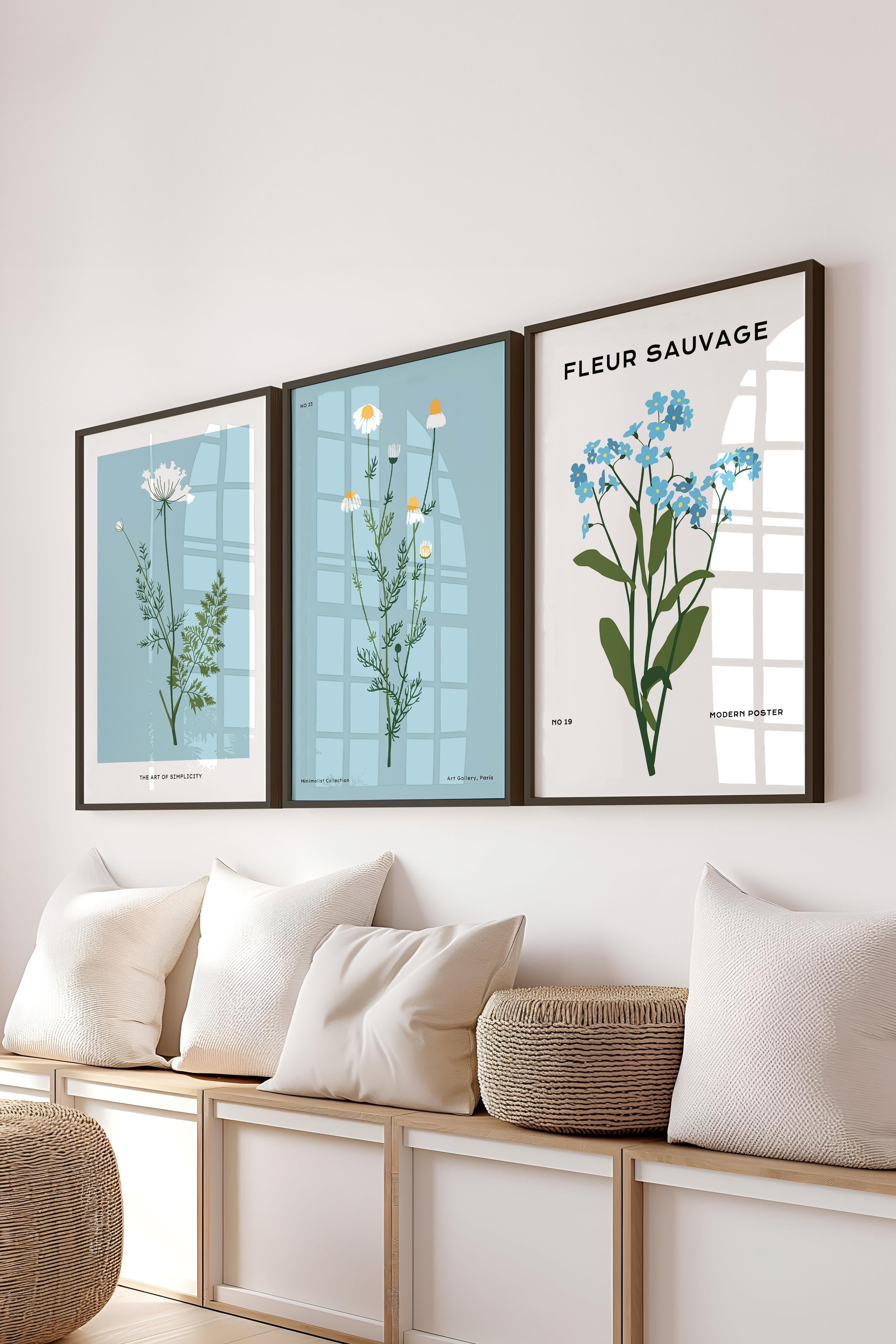 Çerçeveli Tablo Seti, 3 Adet Siyah Çerçeve ve Minimalist Çiçekler Temalı Poster Seti, No:300482