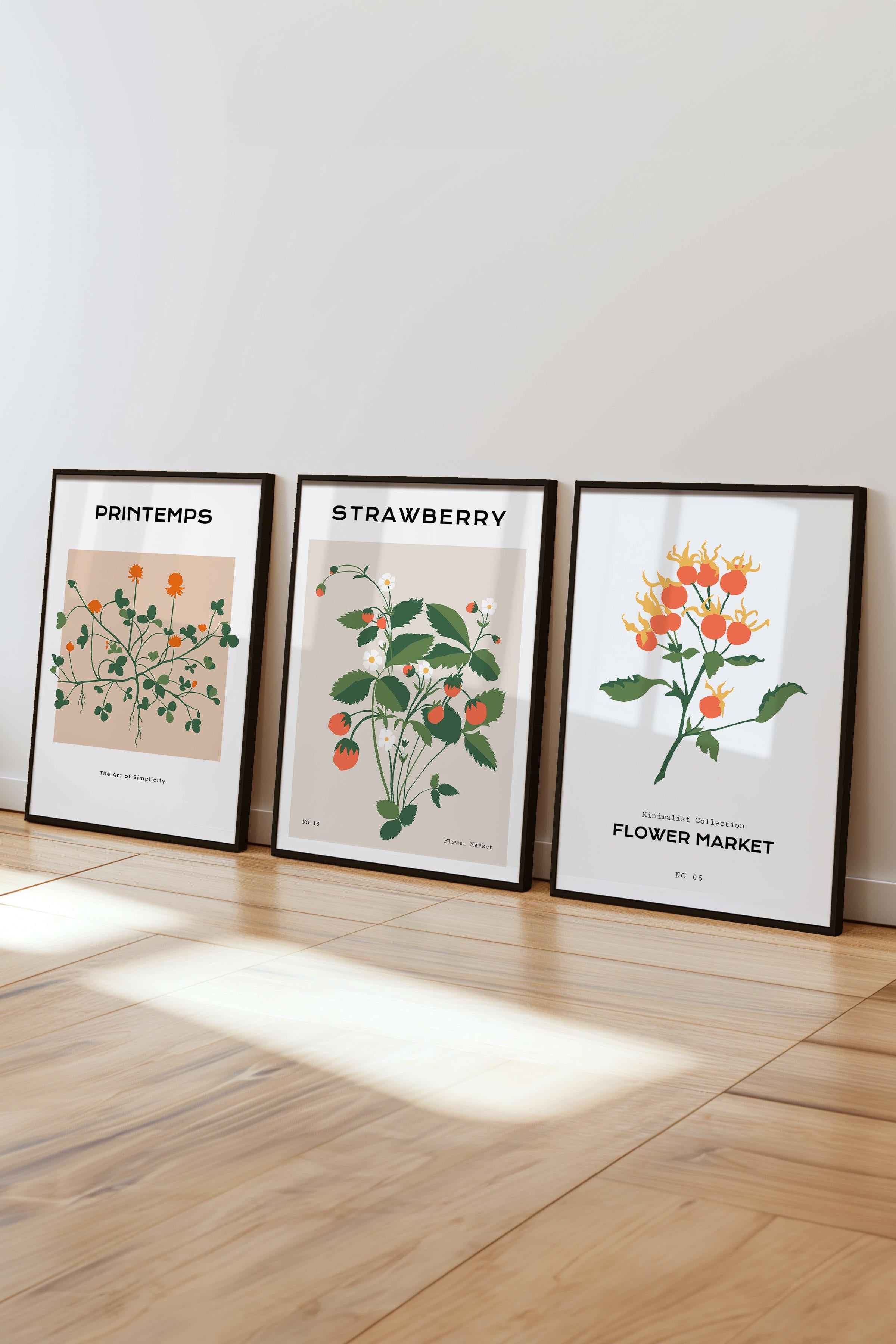 Çerçeveli Tablo Seti, 3 Adet Siyah Çerçeve ve Minimalist Çiçekler  Temalı Poster Seti, No:300483
