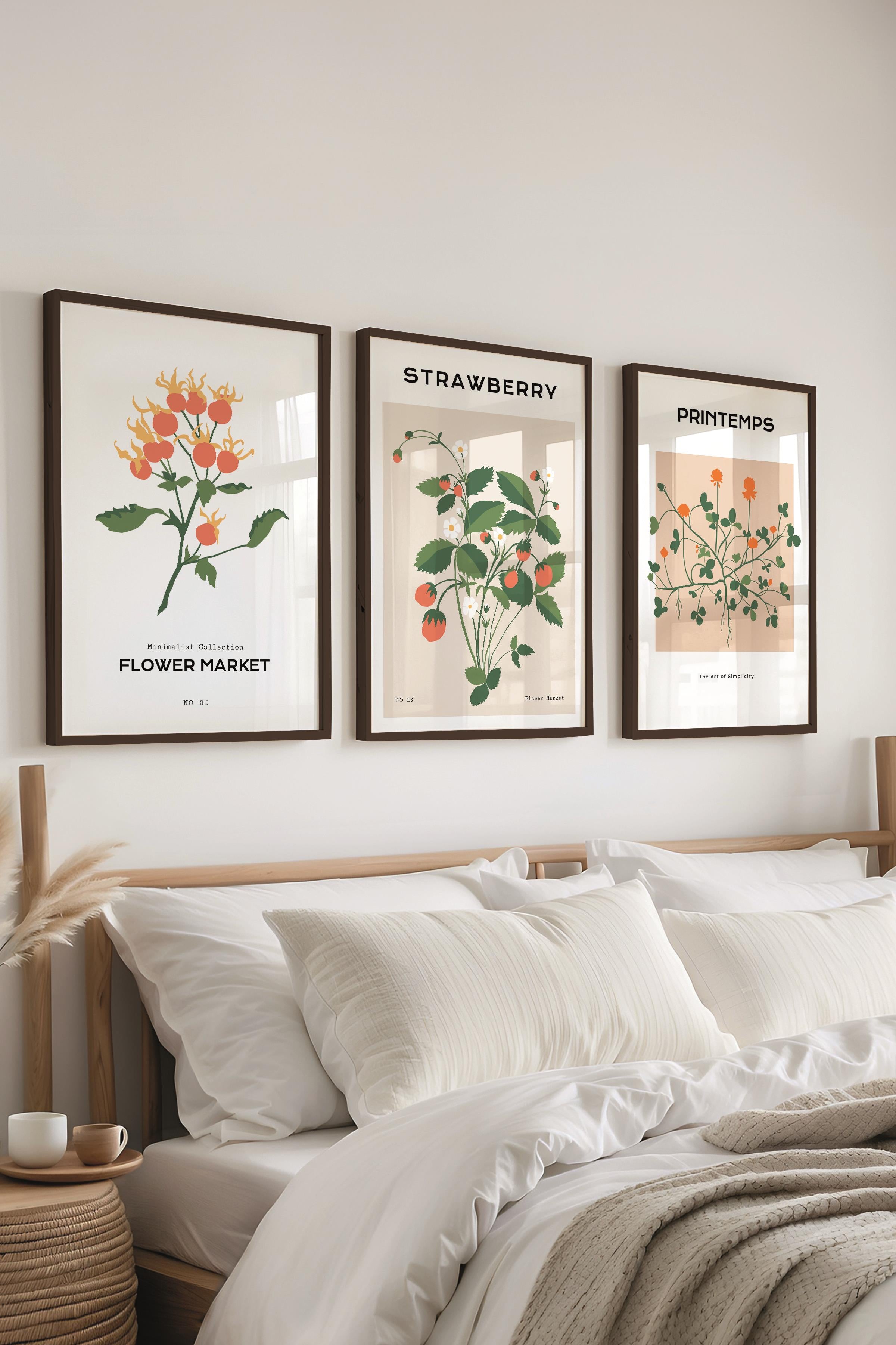 Çerçeveli Tablo Seti, 3 Adet Siyah Çerçeve ve Minimalist Çiçekler  Temalı Poster Seti, No:300483